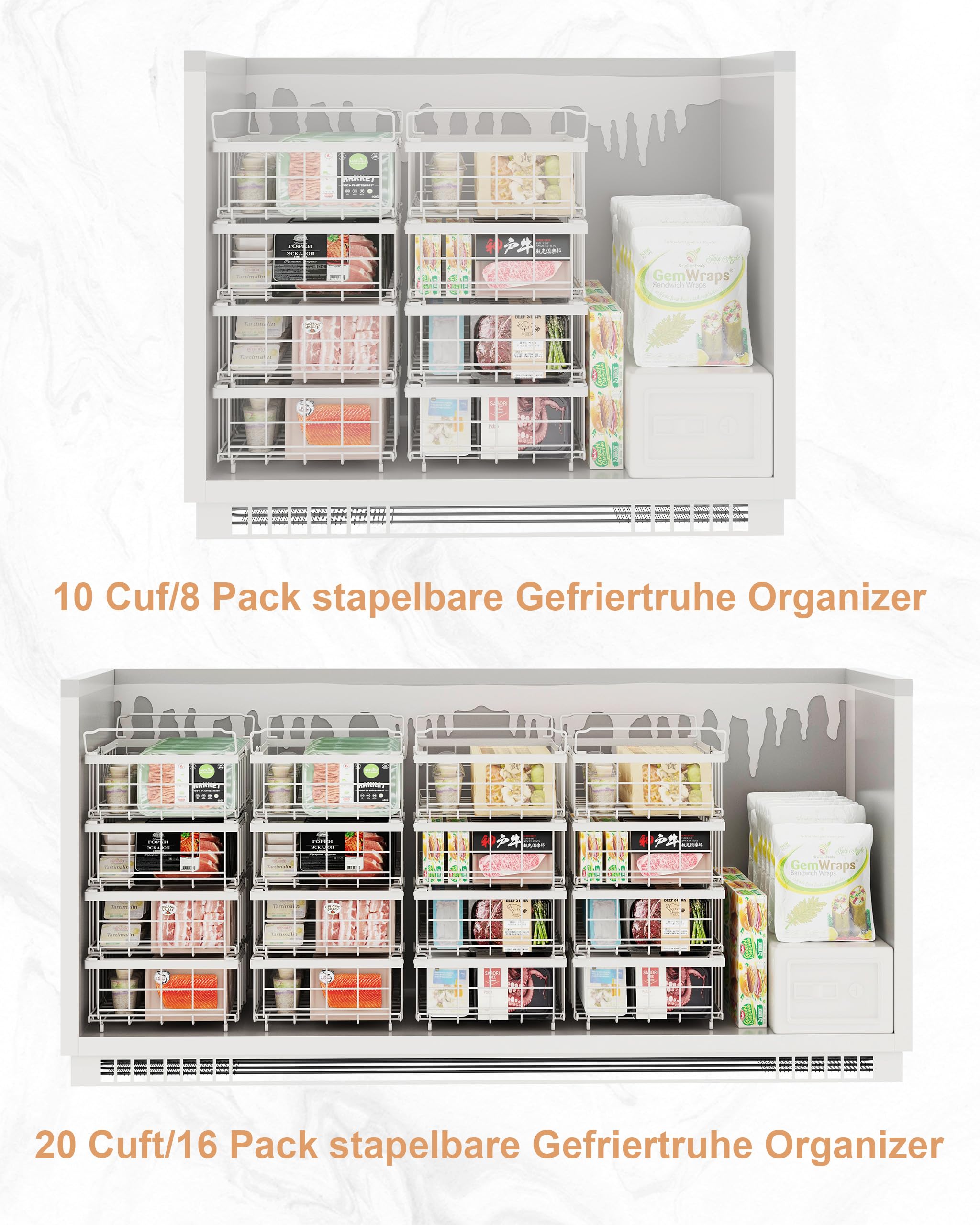 UMDONX 2er Gefriertruhe Körbe Weiß - Griff Stapelbar GefrierköRbe für 283 bis 566L TiefküHltruhe,Gefrorene Zutaten organisieren, Ausziehbare Länge(29-45x30x15cm)