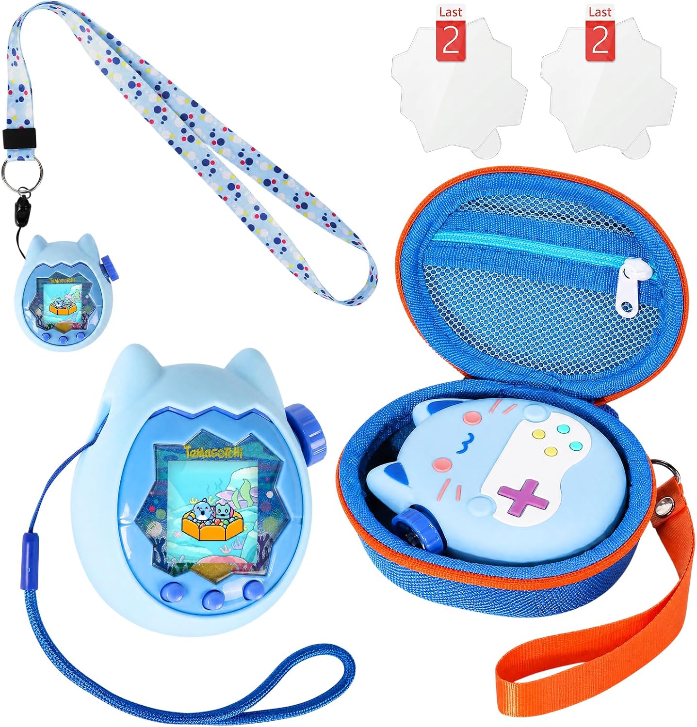 Carrying Case and Silicone Cover Compatible with Tamagotchi Paradise Electronic Pet, Protective Case for Tamagotchi Paradise with Screen Protector and Wrist Strap and Lanyard (Blue)