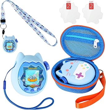 Carrying Case and Silicone Cover Compatible with Tamagotchi Paradise Electronic Pet, Protective Case for Tamagotchi Paradise with Screen Protector and Wrist Strap and Lanyard Blue