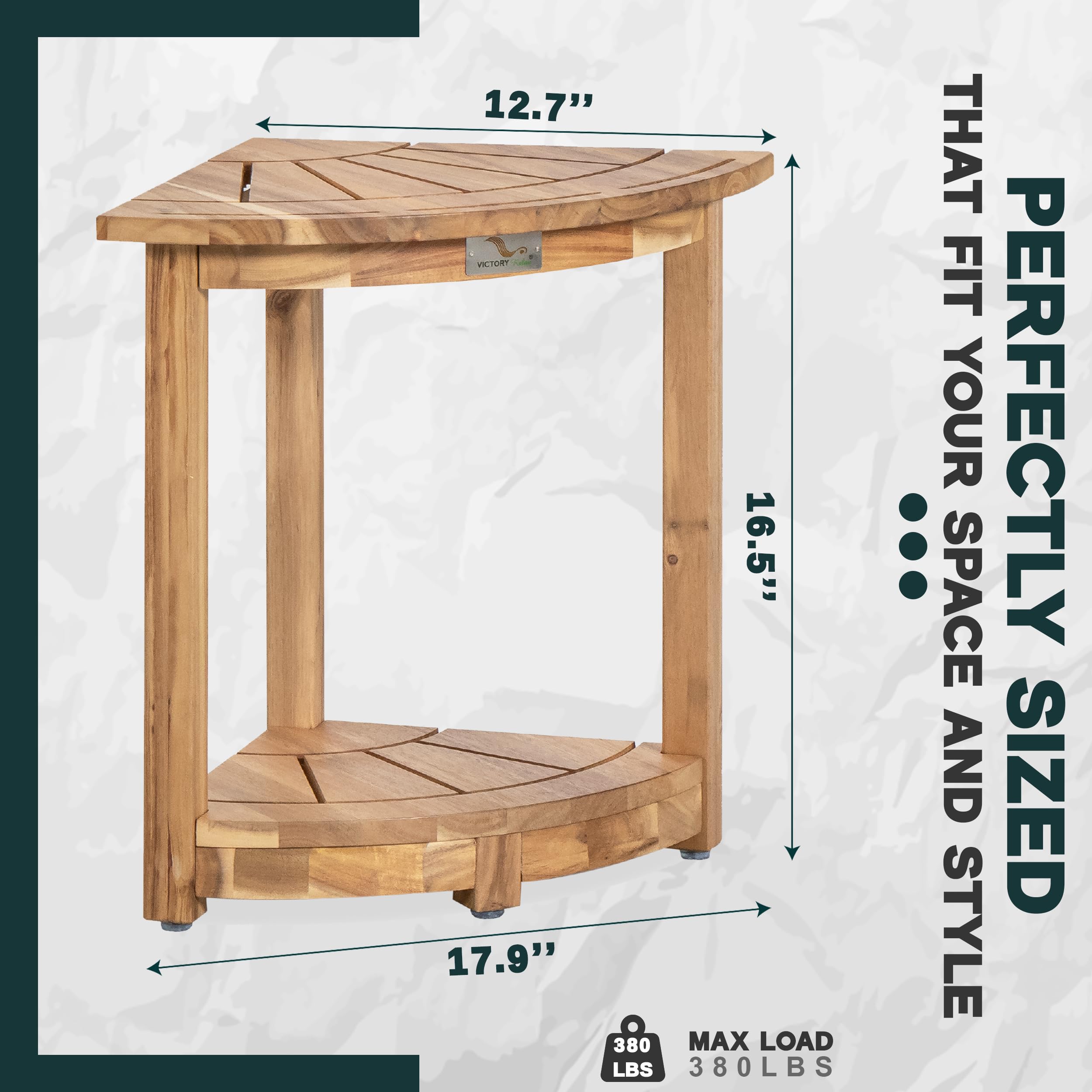 VICTORY RELAX Acacia Corner Shower Stool, Waterproof Spa Foot Rest & Bath Bench with Storage Shelf & Soap Dish, Ideal for Bathroom, Shaving Legs, or as Small Corner Table/Step Stool (Light Natural)