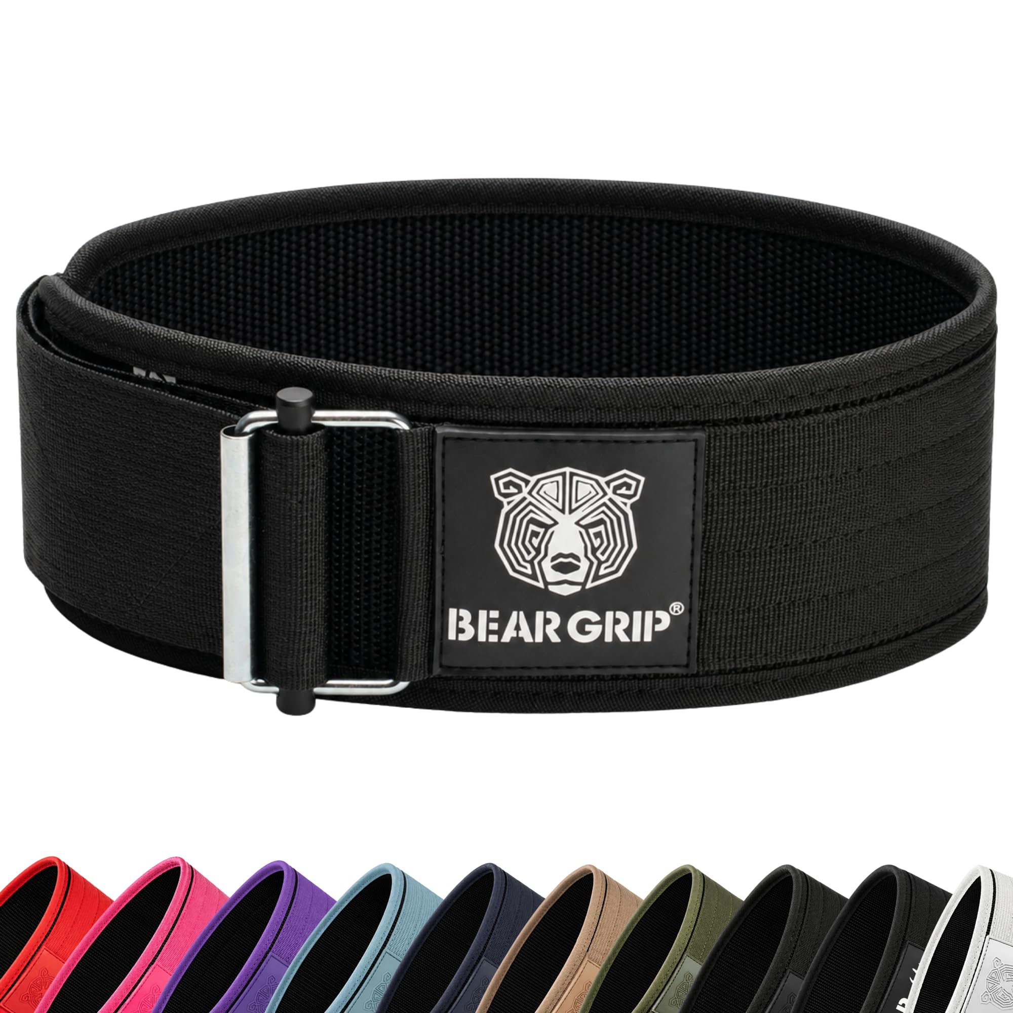 BEAR GRIP Self-Locking Weight Lifting Belt – Deadlift, Bodybuilding, Squat & Powerlifting – Premium Weightlifting Gym Belt for CrossFit & Olympic Lifting for Men and Women - (Black & White, L) — image 1