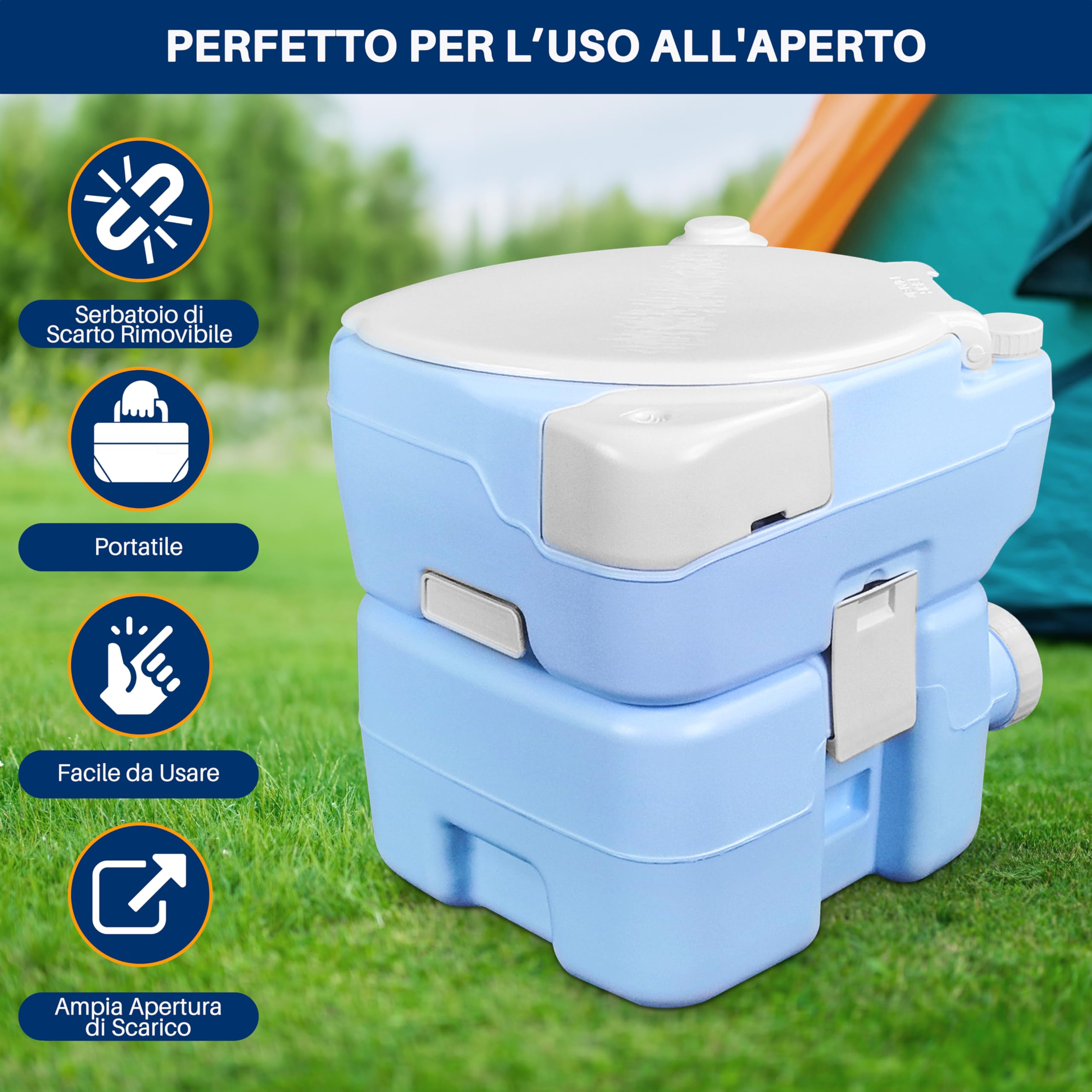 SereneLife WC Portatile da Campeggio e Escursioni 20 Litri, 120 Scarichi, Impermeabile, WC da Viaggio in PE Resistente, Serbatoio Rimovibile, Spruzzatore e Porta Telefono