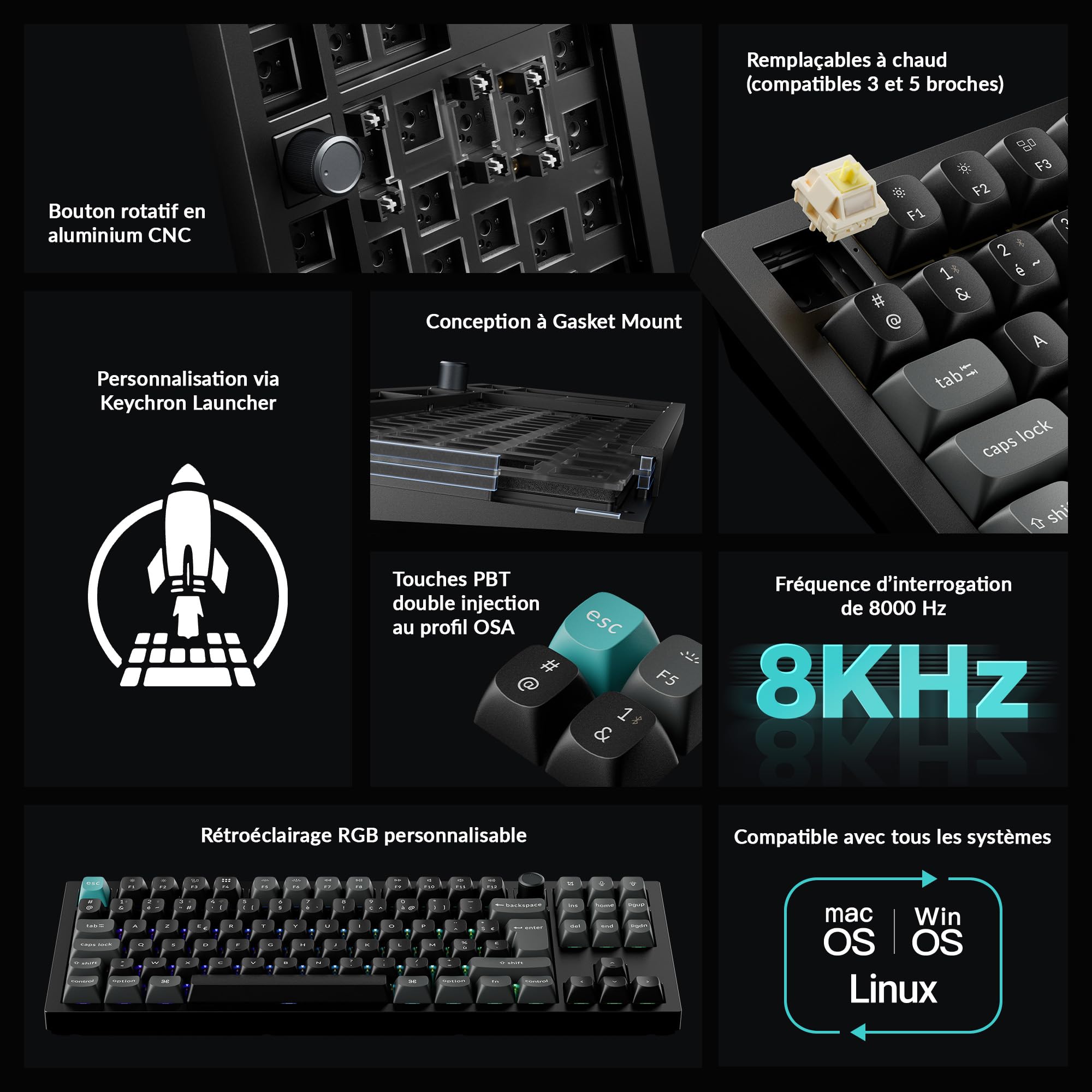 Keychron Q3 Ultra 8K Clavier Mécanique sans Fil, TKL ISO-FR Layout, CNC Aluminium, 2,4 GHz/BT 5.3/USB-C, 8000 Hz, ZMK/Launcher, Clavier AZERTY 80% pour Mac/Windows/Linux, Interrupteur Banane, Noir