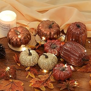 Artgar Pumpkin Decor, 8 PCS Halloween Pumpkin, Metal Cracked Design Foam Pumpkins for Halloween Thanksgiving Fall Home Table Indoor Outdoor Decorations