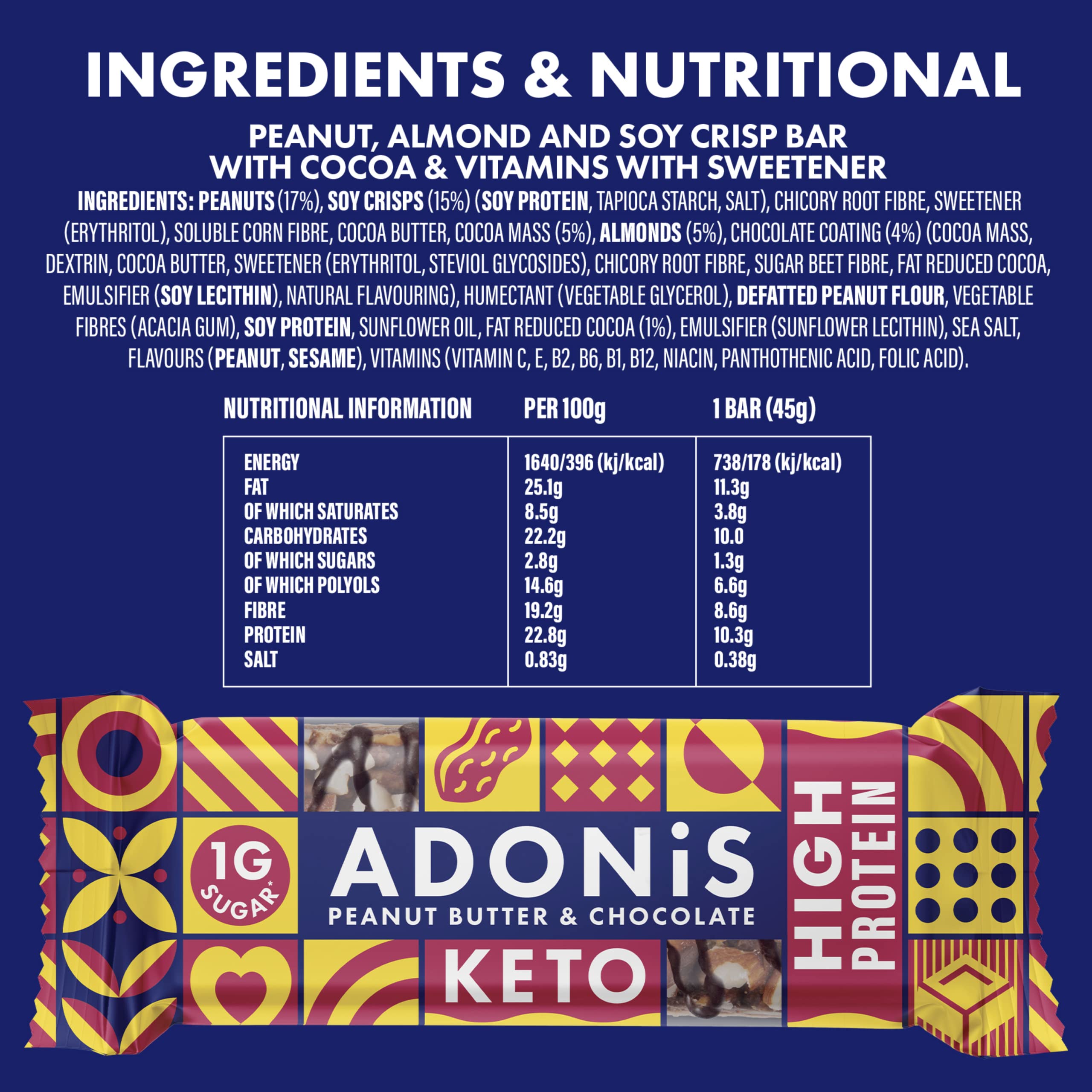 Adonis Keto Protein Bars Peanut Butter & Chocolate Keto Bar Healthy