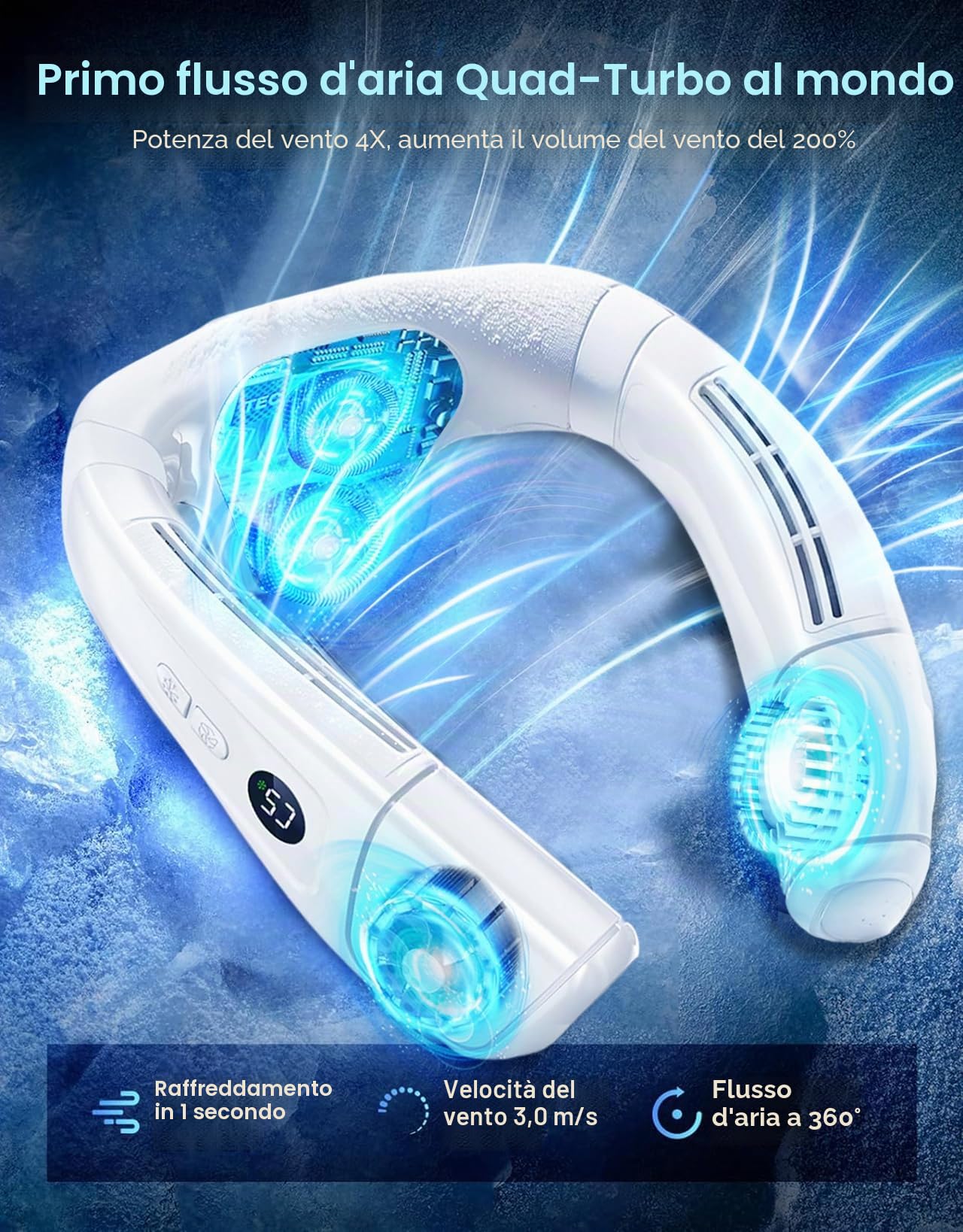 Ventilatore da Collo Portatile con Grande Ghiaccio Piastra di Raffreddamento, Ventilatore Silenzioso 360° Presa d'aria Fredda Posteriore,Condizionatore 6000mAh USB Ricaricabile per Viaggio Uff, Bianco
