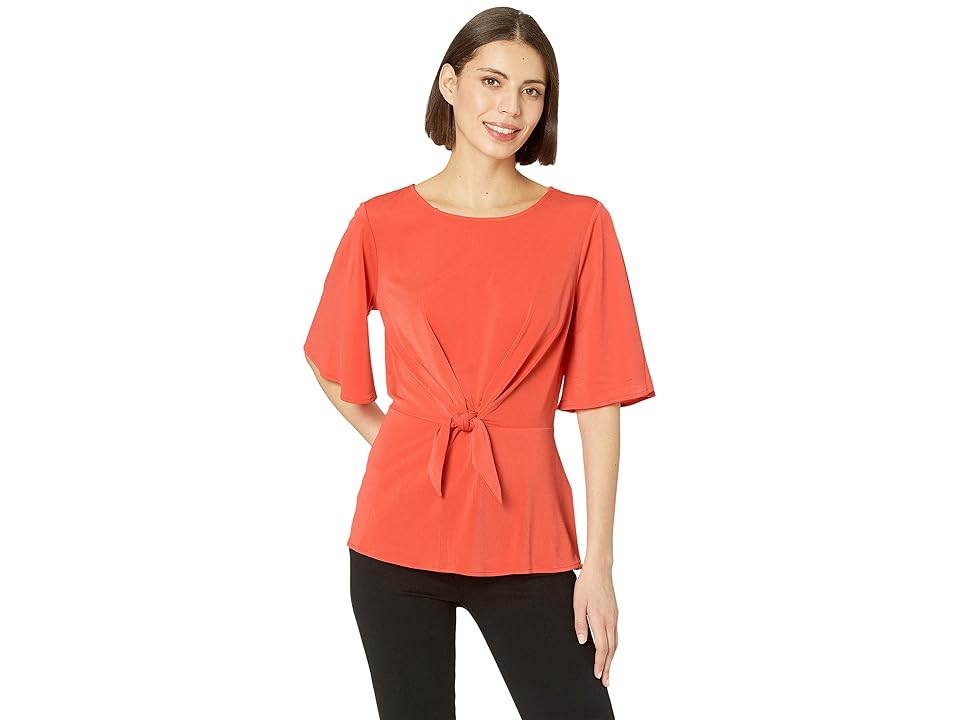 

eci Elbow Sleeves Knit Top w/ Mock Front Tie (Coral) Women's Clothing