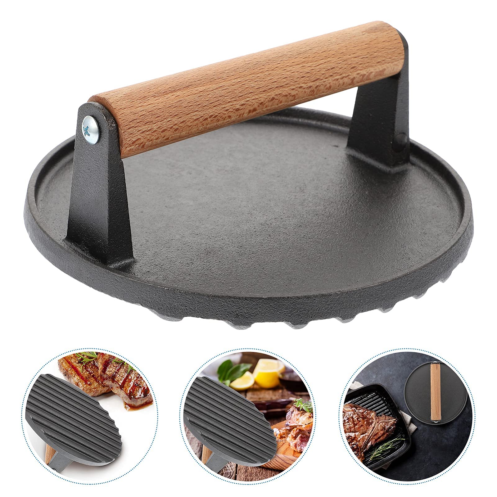BERTY·PUYI Prensa de Carne de Acero Prensa de Parrilla Prensa de Hamburguesa de Barbacoa Trituradora con Mango de Madera Patty Maker Placa para Exprimir filetes Accesorios de Cocina