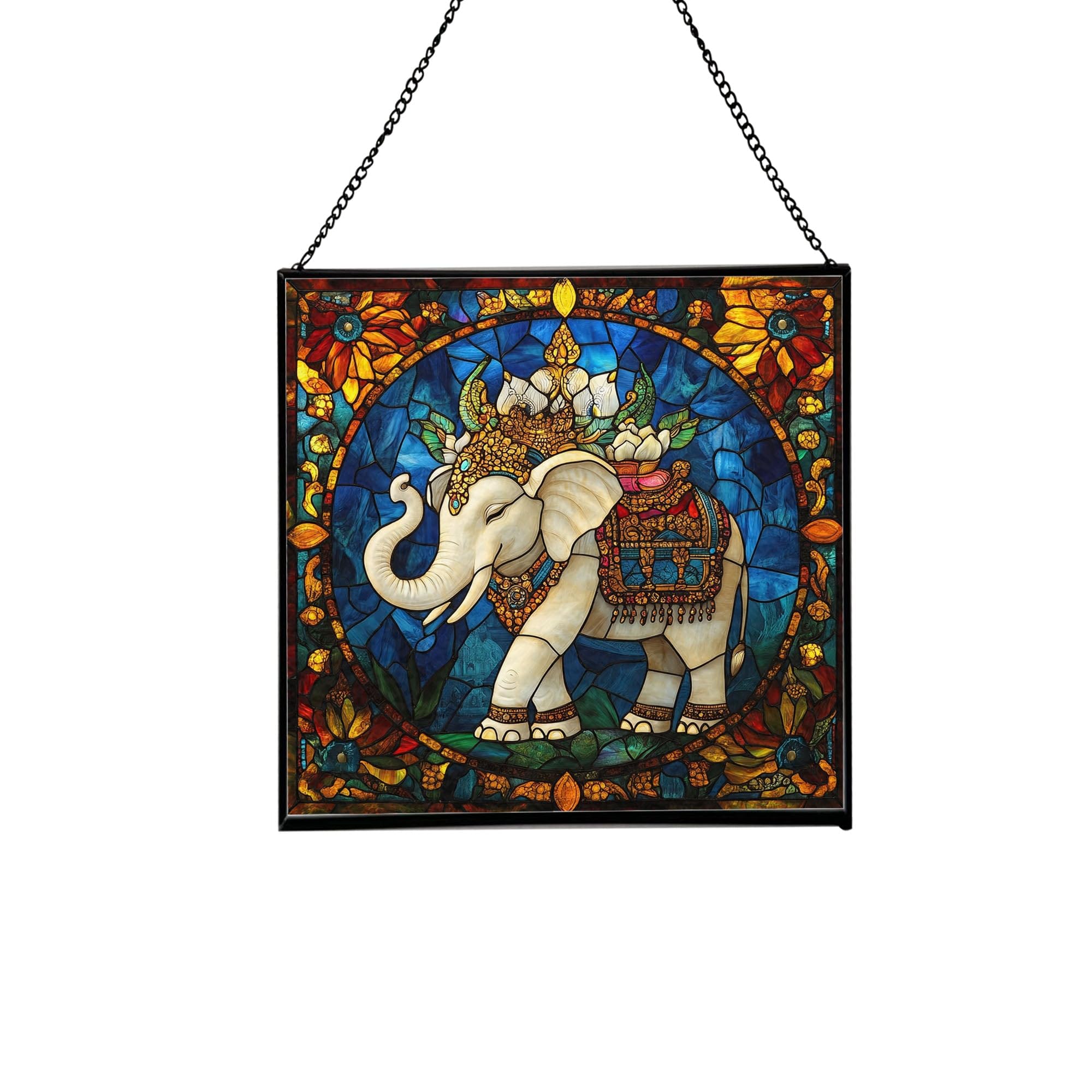 Buddha Elephant Birth Stained Glass Suncatcher – Square Hanging Window Panel for Meditation Room, Zen Space, or Home – Peaceful Spiritual Glass Art Gift, Christmas, Thanksgiving 6j5iEq