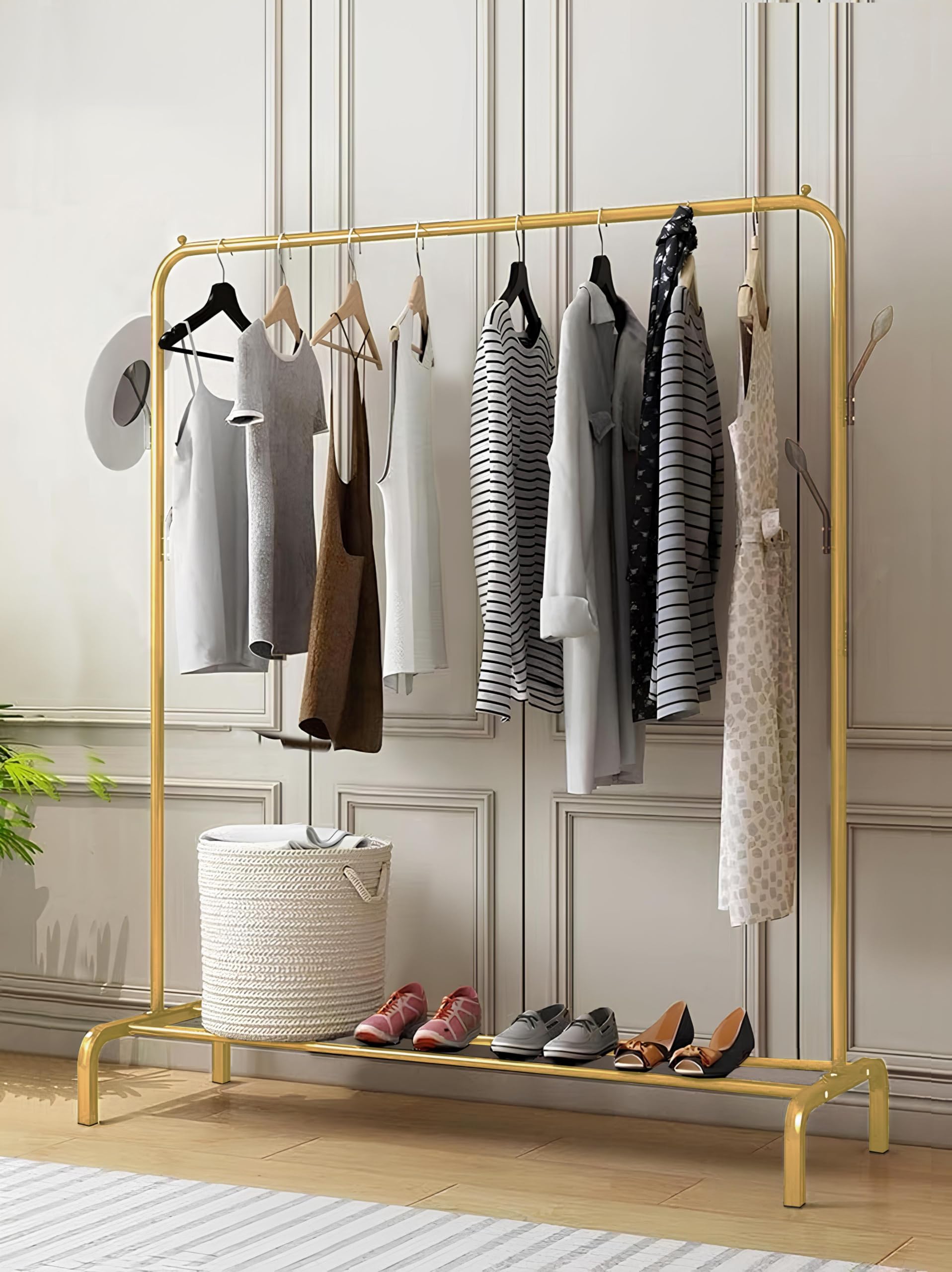 Lukzer MGS-001 Gold Metal Garment Rack – Freestanding Clothes Stand with Bottom Storage Shelf, Multi-Functional Coat Hanger Organizer for Bedroom & Entryway, 40x110x148 cm