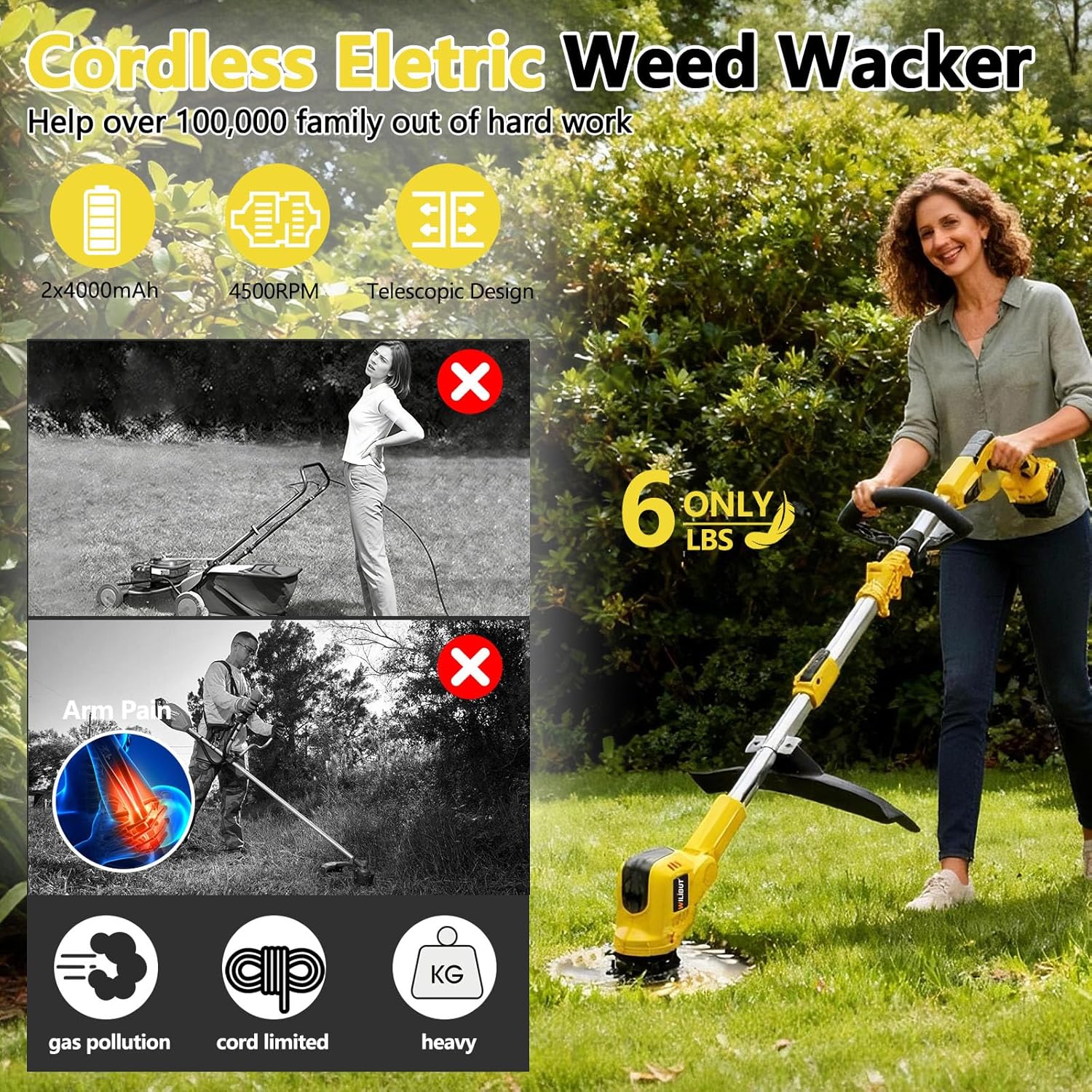 3-in-1 Cordless Weed Wacker, Grass Trimmer/Lawn Mower/Brush Cutter with LCD Display, (2 x 4.0Ah Batteries & Charger), Electric Weed Eater for Yard and Garden (900W Brushless Motor, 4 Blades)