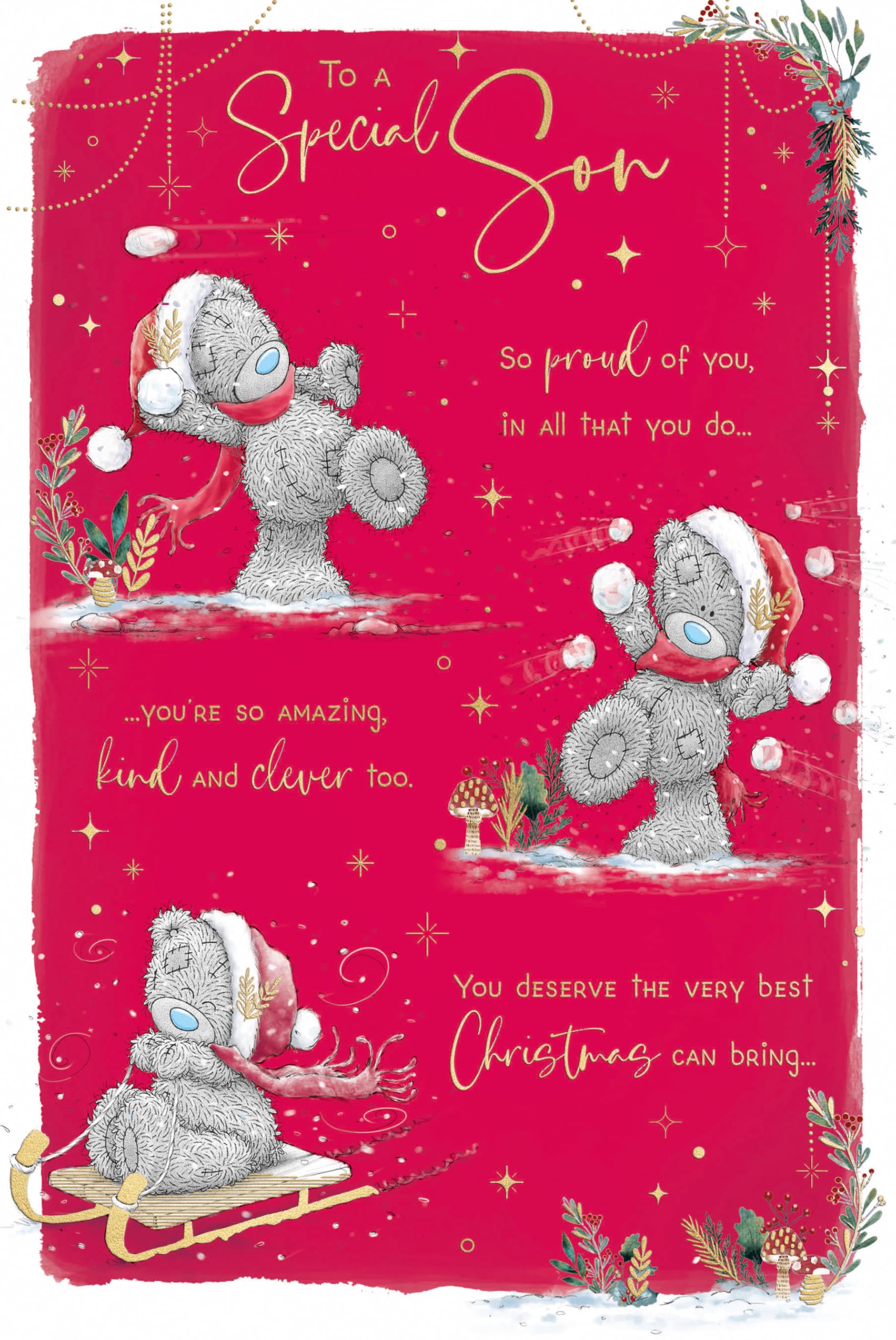 Me To You Tatty Teddy Christmas Card To A Special Son, Tatty Teddy With Snowballs 6x9ins - Official Collection