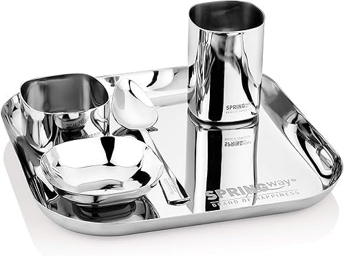 Juego de vajilla cuadrada de acero inoxidable para orquídeas, 5 piezas con plato de cena, plato Halwa, cuenco Katori, vidrio, cuchara (plata)