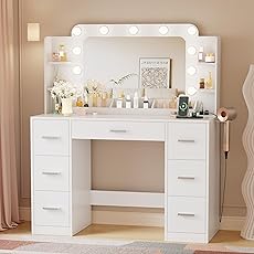 DWVO Makeup Vanity Set with Lighted Mirror, Power Outlet and 14 Lights, Vanity Desk with 9 Drawers, 3 Color Modes Available for Bedroom, White