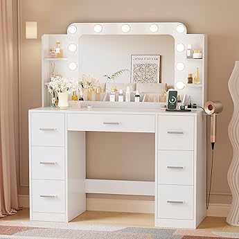 DWVO Makeup Vanity Set with Lighted Mirror, Power Outlet and 14 Lights, Vanity Desk with 9 Drawers, 3 Color Modes Available for Bedroom, White