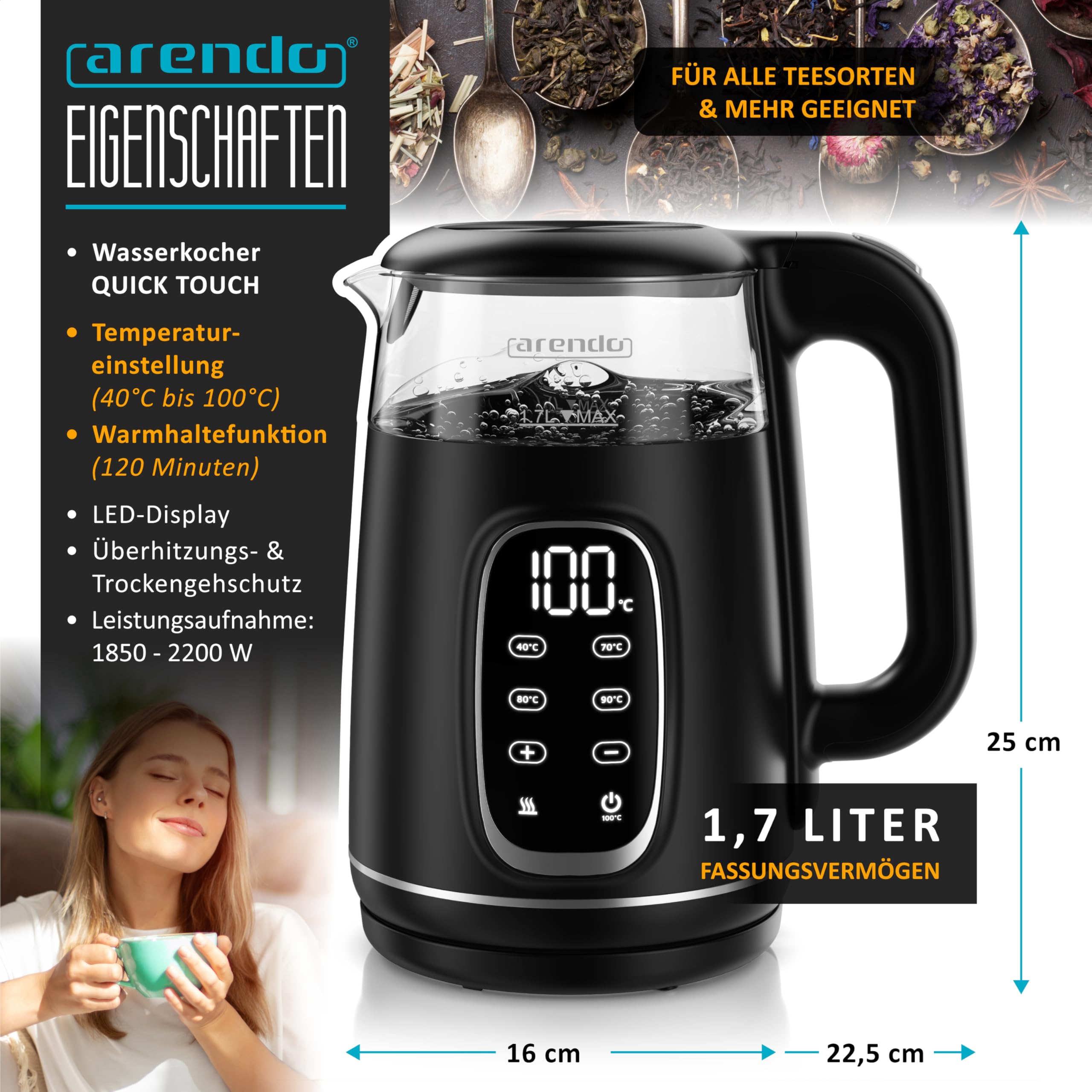 Arendo - Glas Wasserkocher mit Temperatureinstellung - Edelstahl - Doppelwand Design Cool Touch - Display im Gehäuse - Kabellos - 2200 W - 1,7L – Überhitzungsschutz – Warmhaltefunktion – schwarz