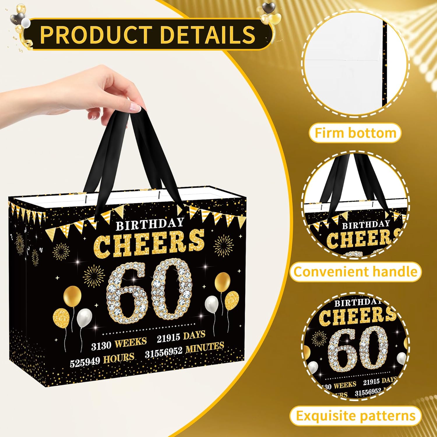 EoBeCy 60th Birthday Gift Bags for Men Women, Back in 1966 Gift Bag with Tissue Paper, Poster and Greeting Card, Black Gold Wrapping Paper for 60 Year Old Birthday Decorations - Image 4