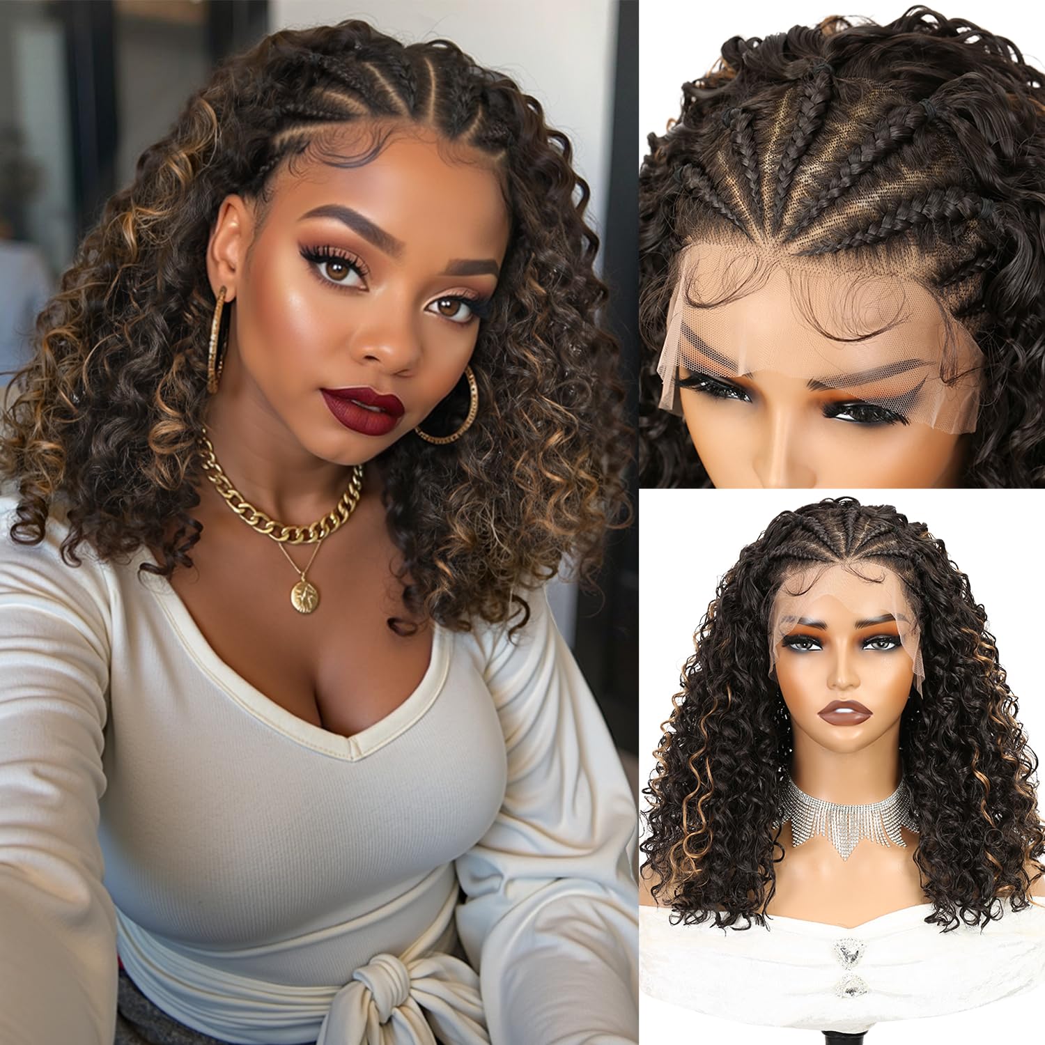 WIGNEE 13x4 Peluca Bob Rizada Trenzada Frente Encaje para Mujeres Negras