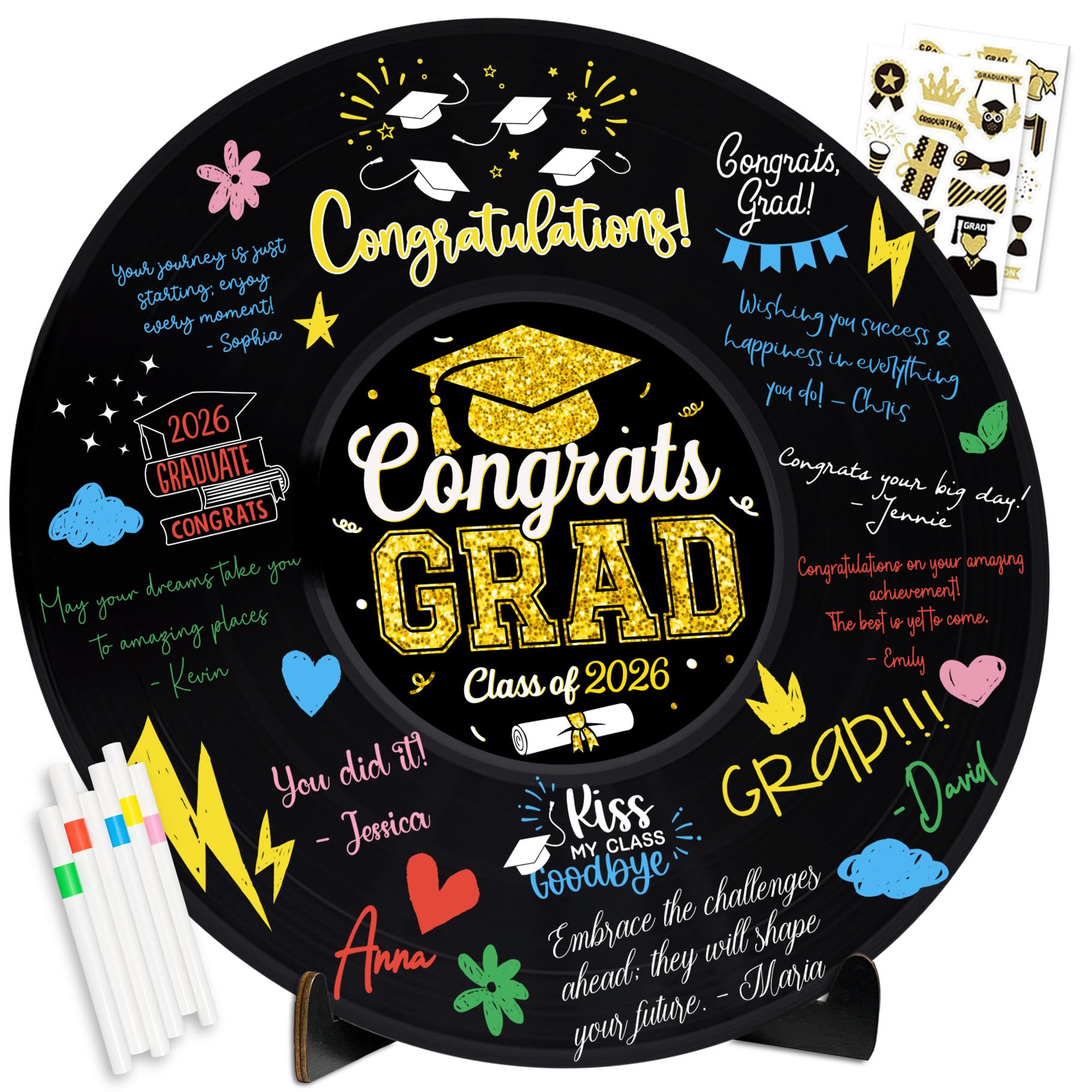 Photo 1 of 2026 Graduation Party Vinyl Record Alternative Guest Book, Black and Gold Class of 2026 Congrats Grad Graduation Decorations Signature Guest Book
