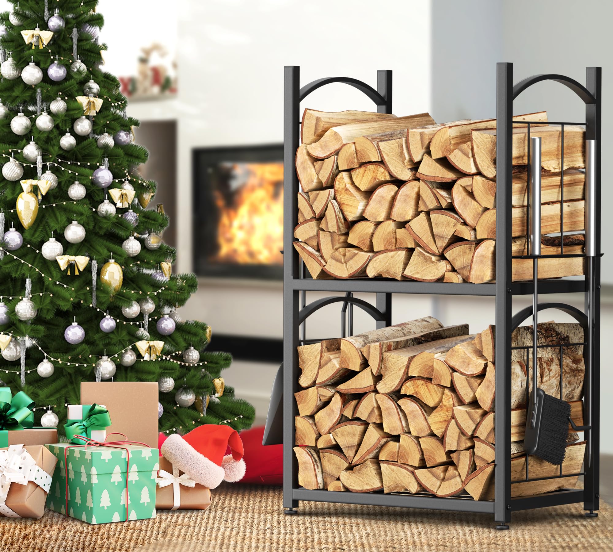 HFHOME Estantería para leña Interior y Exterior 2-en-1, Soporte para leña para almacenamiento de leña, Estantería para madera de fuego 78 x 46 x 32 cm con accesorios para estufa de leña, pala, escobas