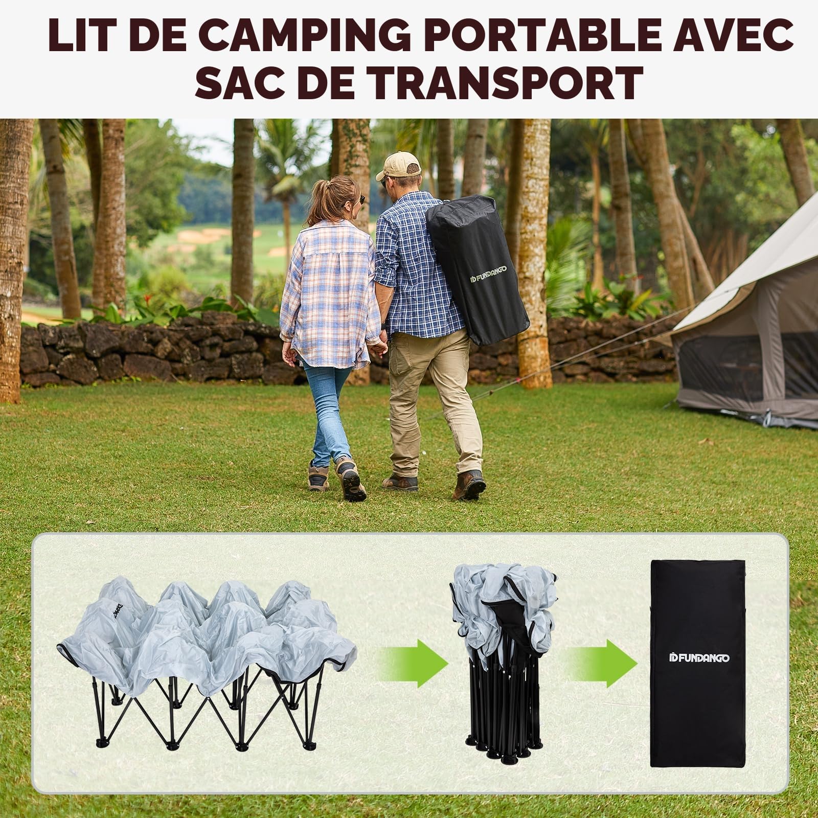 FUNDANGO Lit de Camp Double Avec Matelas Pneumatique, Pliable Pour 2 Personnes, Portable Avec Pompe à Air, Table d'Appoint, Pour Voyage, Pêche