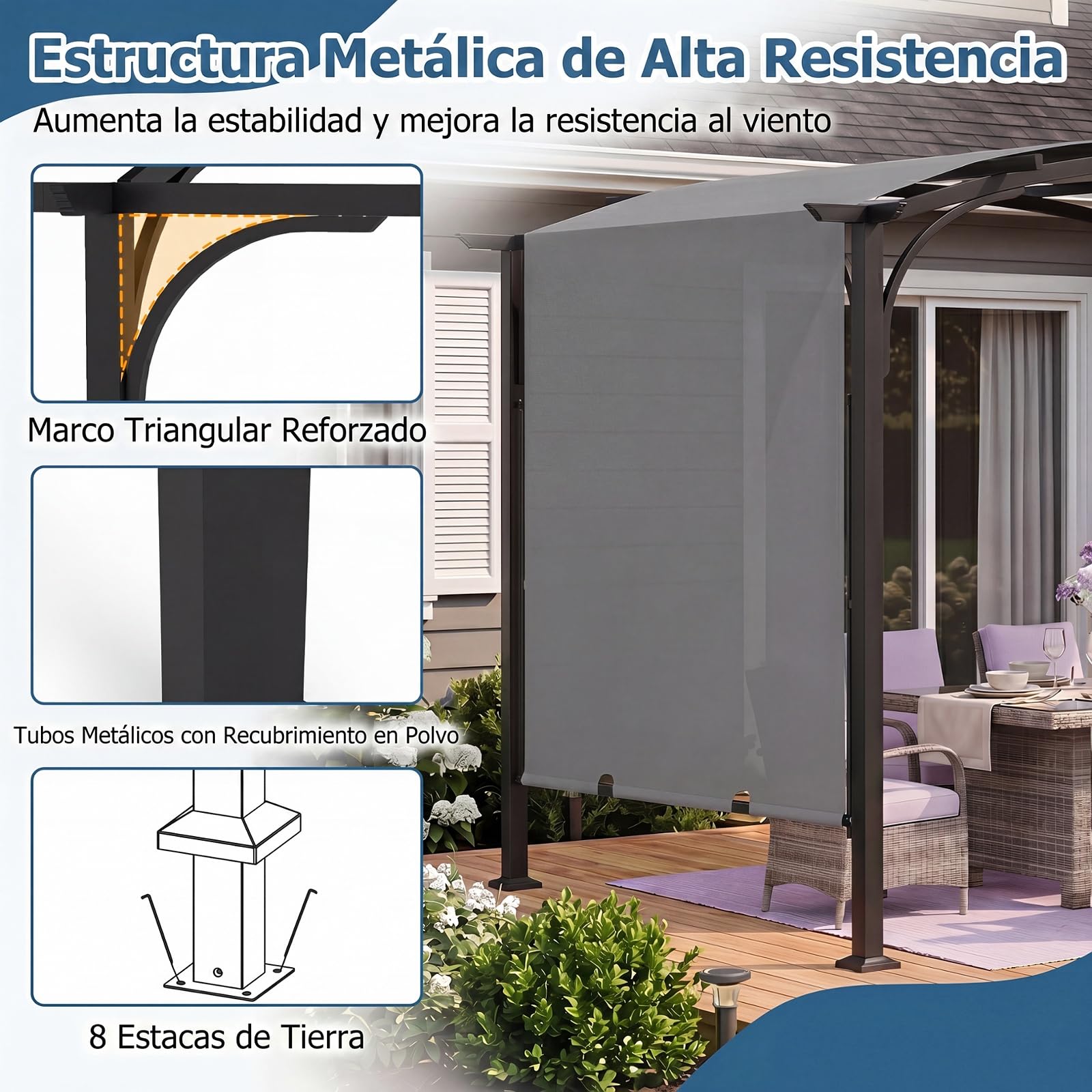 COSTWAY Pérgola Retráctil para Exterior, 3 x 2,4m, Cenador de Jardín con Techo Arqueado, Estructura Metálica y Tejido de Poliéster, Pabellón Jardín con Toldo para Patio Terraza Porche (Gris)