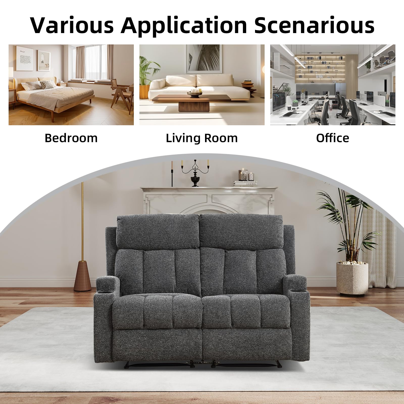 CANMOV Manual Loveseat Recliner, Soft Fabric 2-Seater Loveseat with Side Pocket & Cup Holders, Comfy Home Theater Sofa for Office & Living Room, Dark Grey view 9