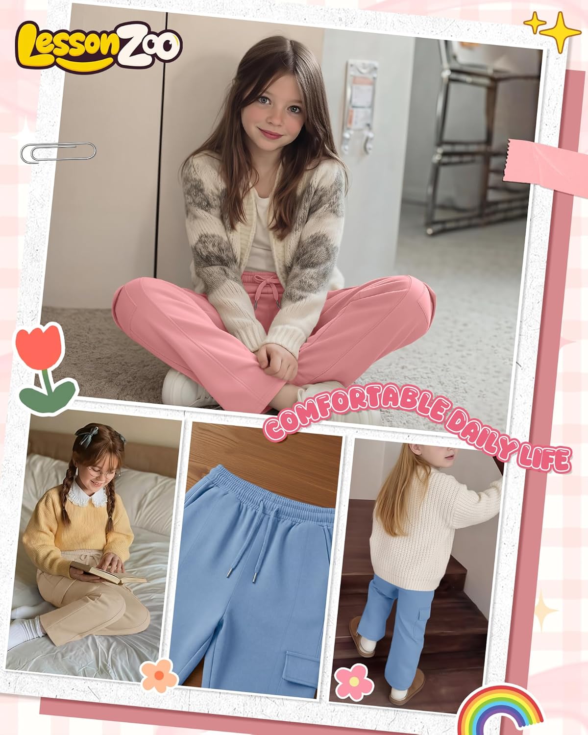 3 Pack Girls' Cargo Sweatpants Straight Leg Elastic Waist Drawstring Cargo Pants Baggy Casual Trousers with Pockets