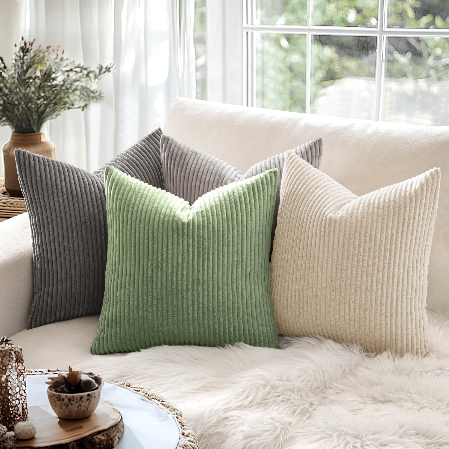 MIULEE Set of 2 Striped Corduroy Square Throw Pillow Case Soft Cushion Covers Sham Home for Sofa Couch/Bedroom Decorative Fluffy Large Pillowcases 18x18 Inch 45x45cm Sage Green - 4