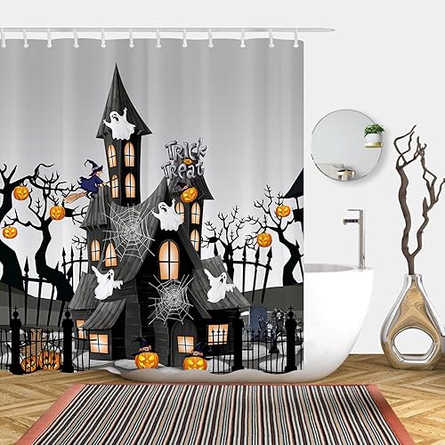 Miniatura 8 de ARESD Cortina de ducha de Halloween para baño, cortina de baño de tela de araña, tela de poliéster, impermeable, decoración de Halloween, con 12