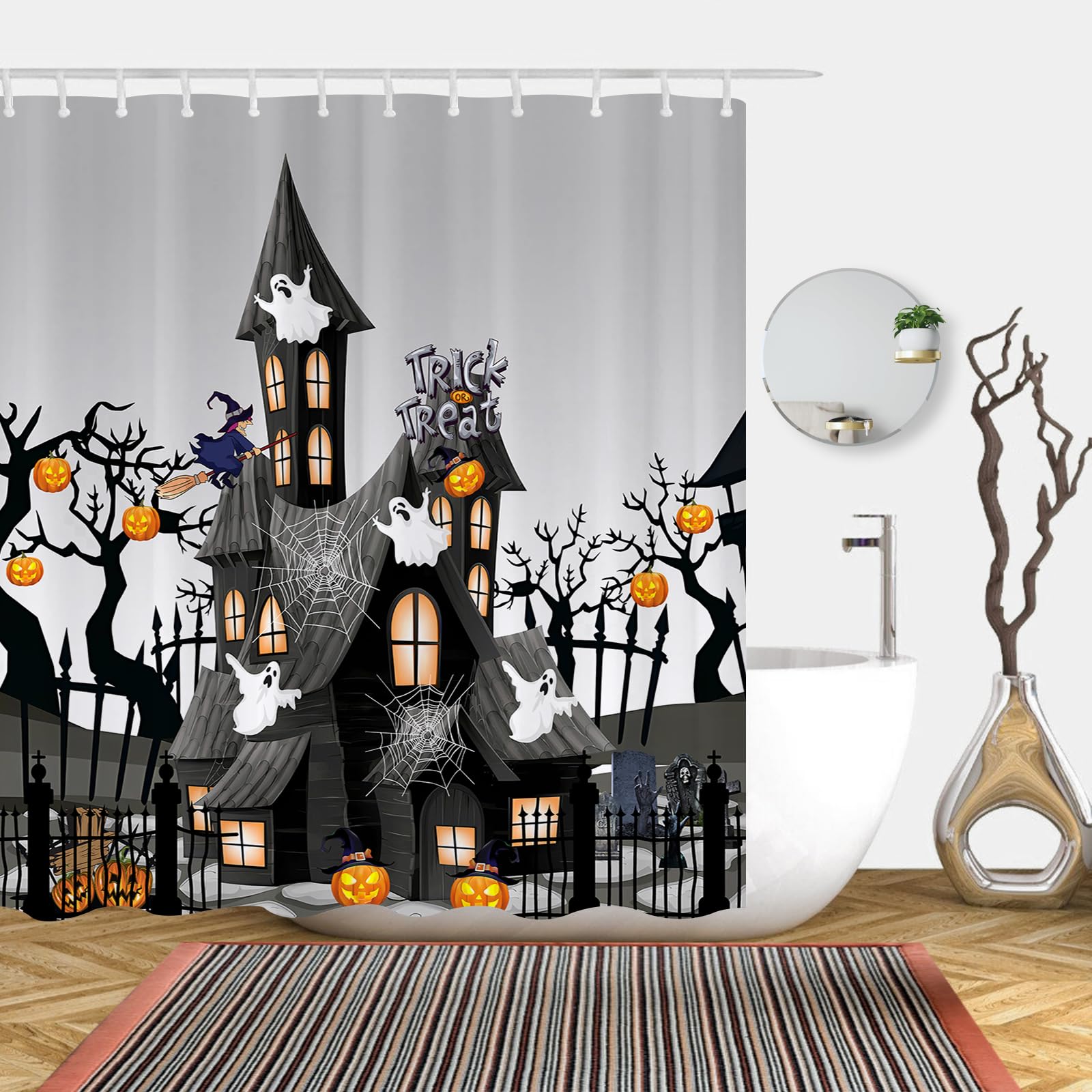 Abaysto Color 2 Halloween Shower Curtain For Bathroom, Thriller House Spider Web Pumpkin Bath Room Curtain, Waterproof Bath Curtains For Halloween Decor With 12 Hooks 180X180cm