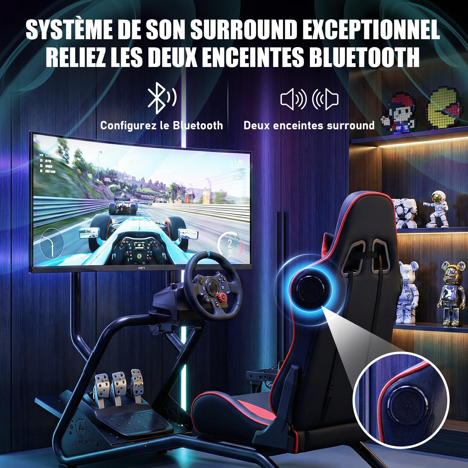GTPLAYER Simulateur de Conduite, Siège de Simulation avec haut-parleurs stéréo 3D, Support pour écran, Support de volant réglable, Support pour levier de vitesse et pédales (Rouge)