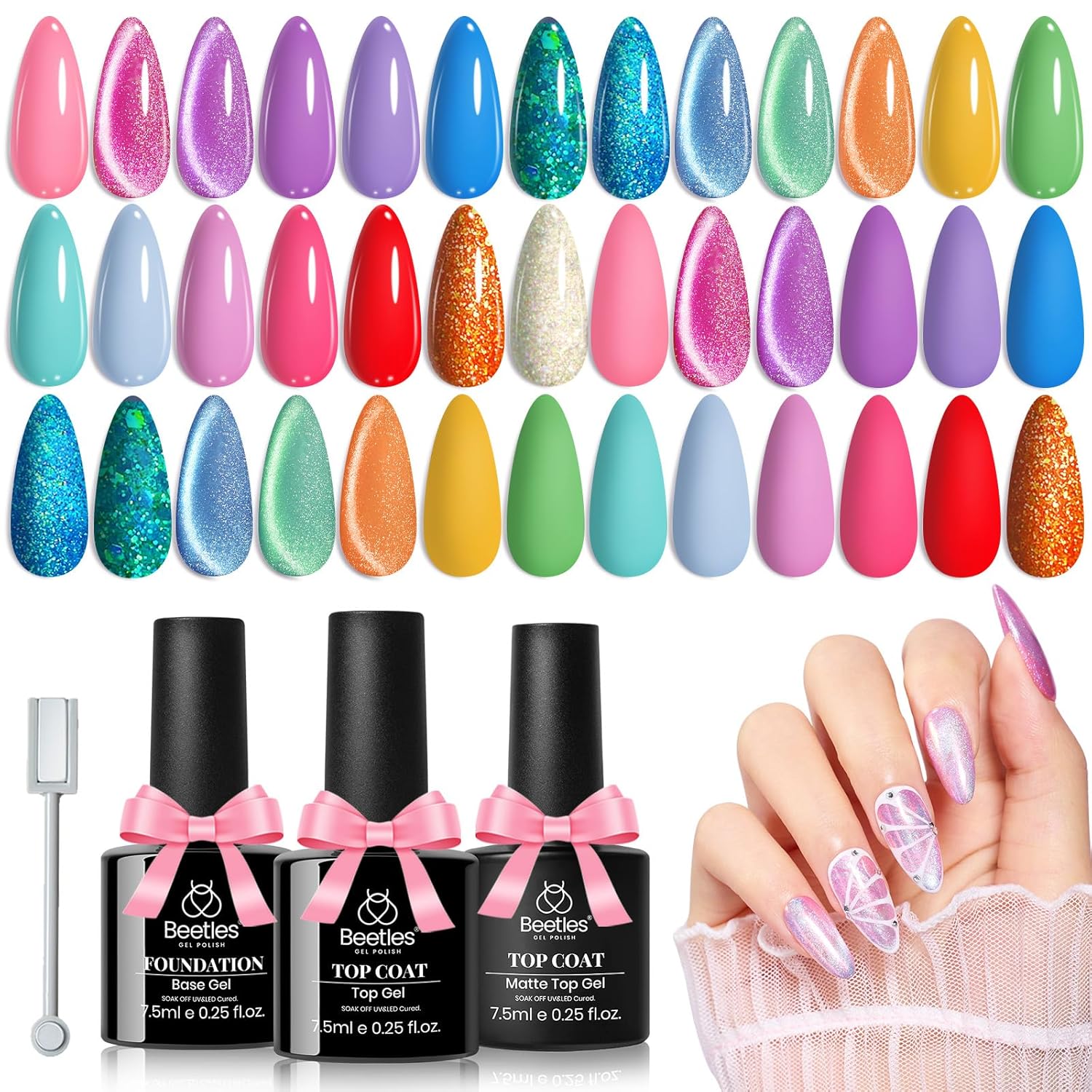 Beetles Gel Nail Polish Set, 24 Pcs 20 Colors Rainbow Pastel Neon Cat Eye Pink Purple Glitter Red Green Gel Nail Polish Kit Soak Off UV with Base Coat Top Coat Gift for Women Dreamy Wonderland