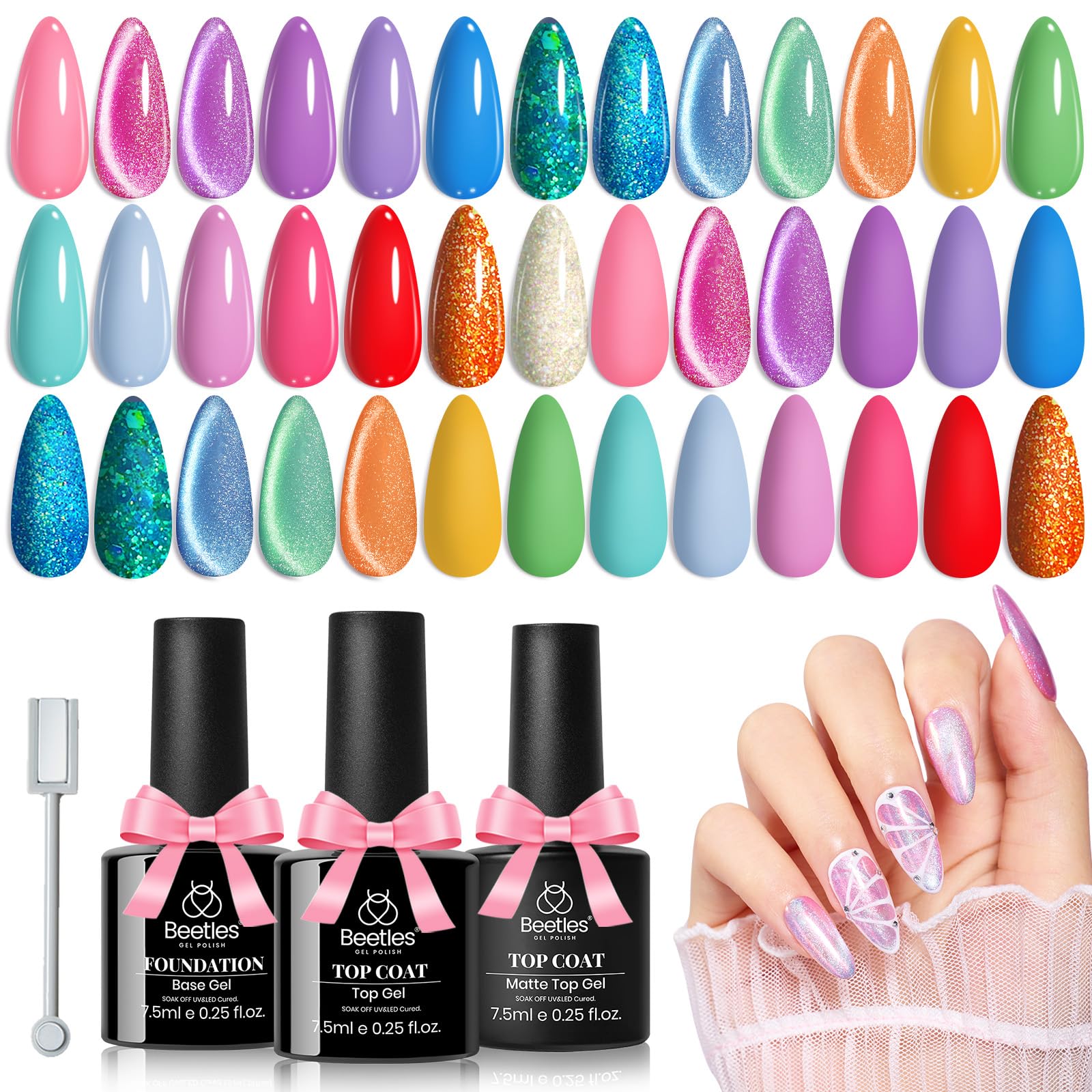 Beetles Gel Nail Polish Set, 24 Pcs 20 Colors Rainbow Pastel Neon Cat Eye Pink Purple Glitter Red Green Gel Nail Polish Kit Soak Off UV with Base Coat Top Coat Gift for Women Dreamy Wonderland