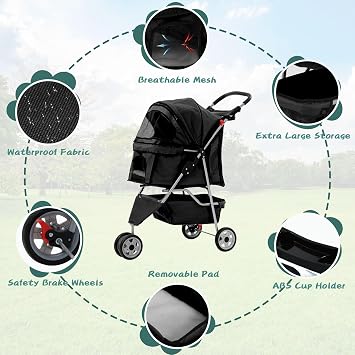 Pet Stroller for Small Medium Dogs & Cats,3-Wheel Breathable Compact Foldable Dog Carrier with Storage Basket, Outdoor Portable Lightweight Travel Stroller for Camping,Black