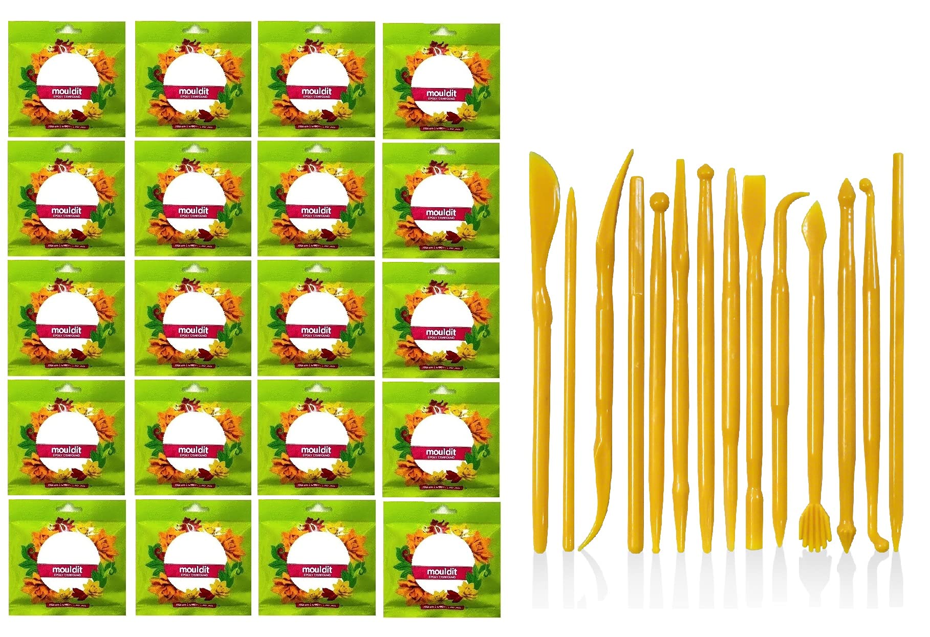 Definite Fevicryl Shilpkar Mouldit Epoxy Compound Clay + Clay Sculpting/Modelling (Set of 8 Double Ended Tools) for DIY Art and Craft (Pack of 20 (1000 Grams))