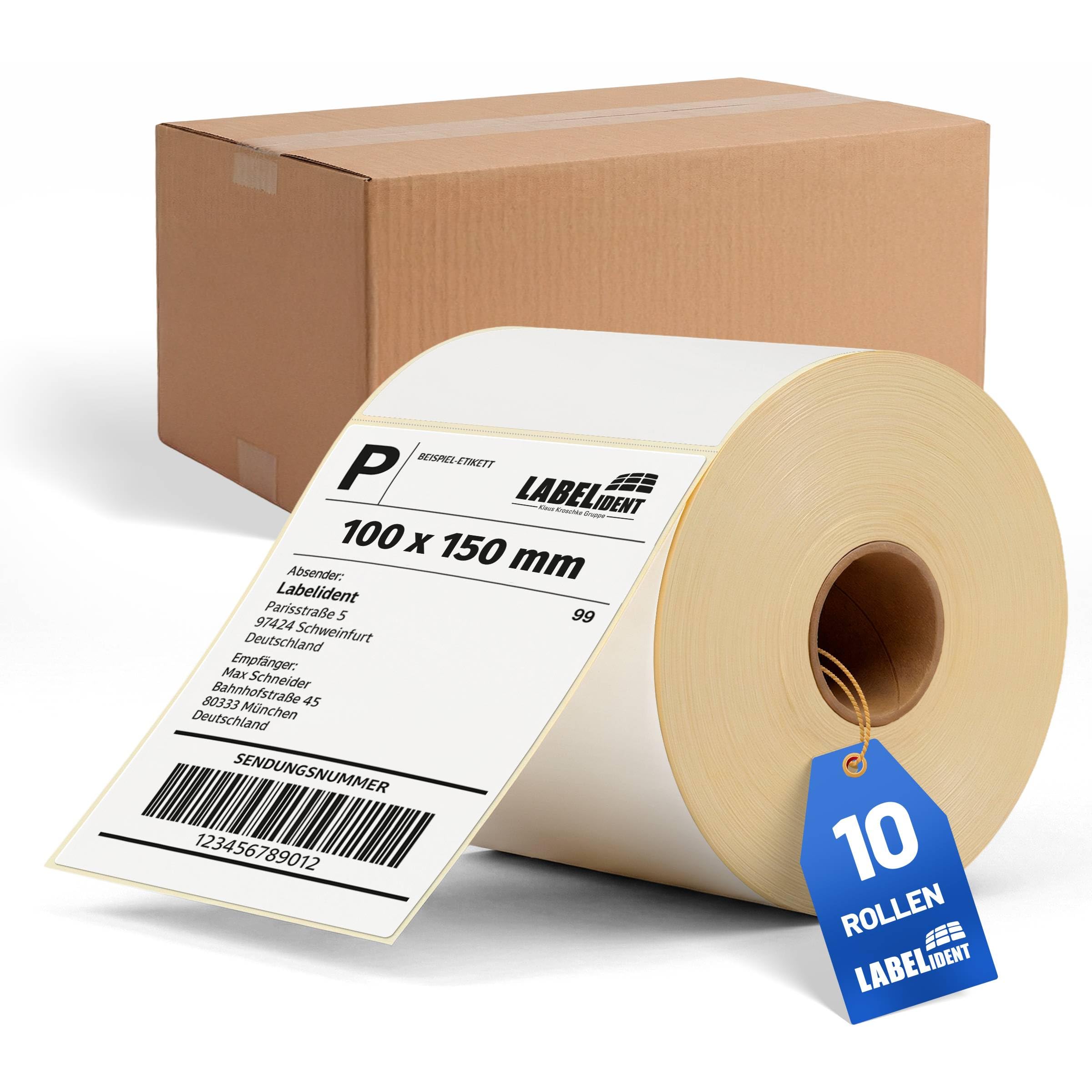 Labelident Adesivi per spedizione, 4 x 6 pollici, 100 x 150 mm, 5.000 etichette Thermo Eco su 10 rotoli, nucleo da 25 mm, etichette autoadesive per stampante termica da desktop.