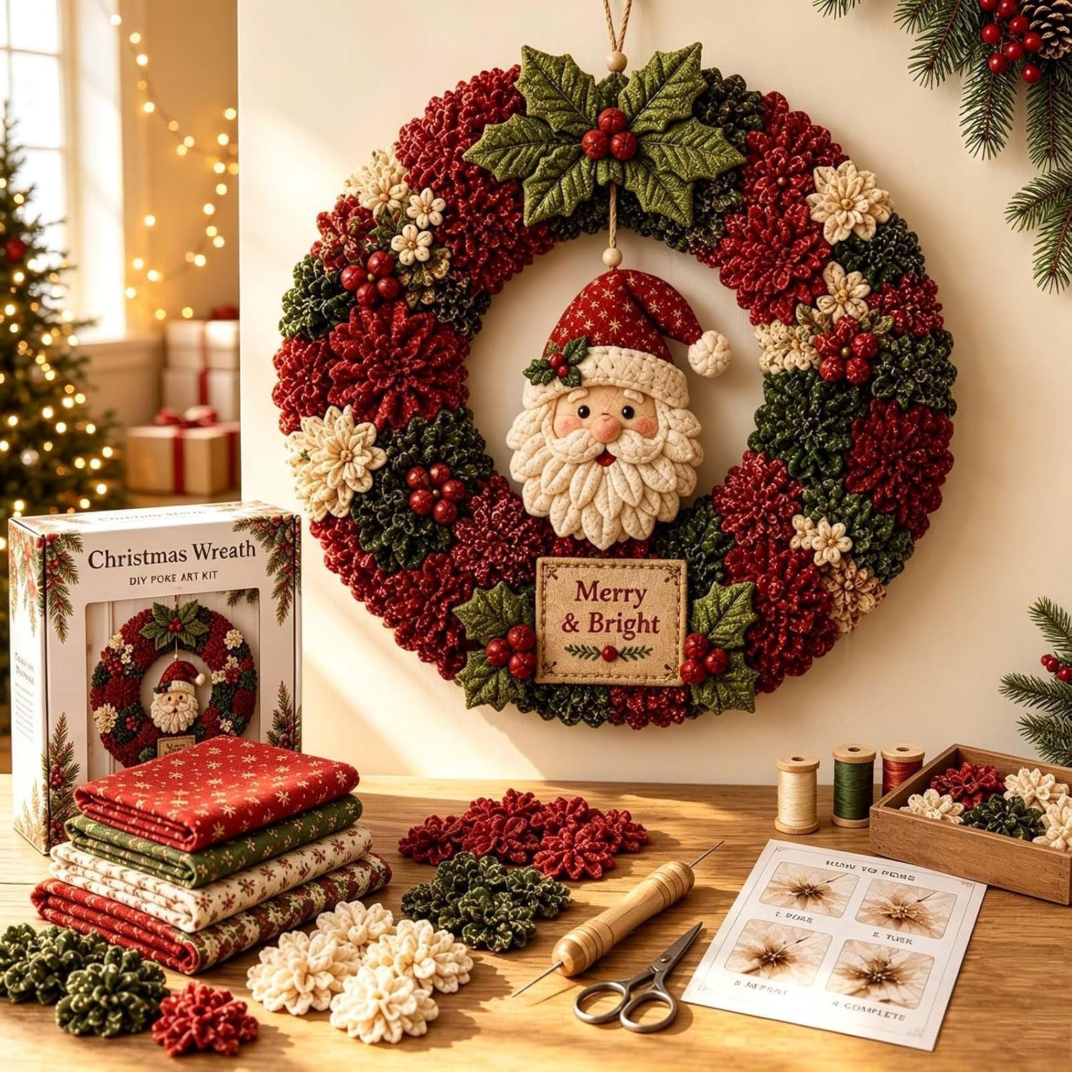 3D Fabric Poke Wreath DIY Kit, Christmas Wreath DIY Kit for Adults，B