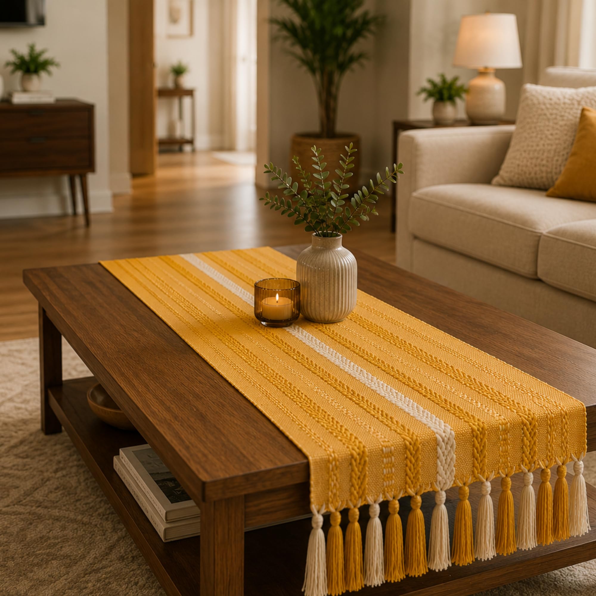 TARANTARAN Mustard Yellow Dining Table Runner with Tassels | Decorative Boho Runner for Coffee Table-image-49