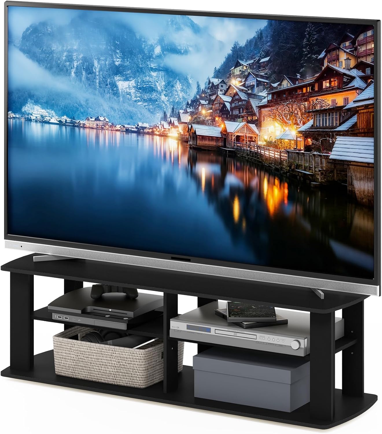 Pemberly Row Wood Entertainment Center TV Stand, 43.3 in Wide, Engineered Wood, Black Finish, Supports TVs up to 50 in, Stylish Design for Living Room or Media Room, Sturdy Construction
