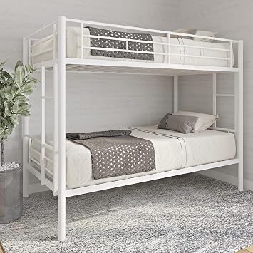 Bunk Bed Twin Over Twin Size with Ladder -Length Guardrail, Metal Bunk Bed, Storage Space, No Box Spring Needed, Noise Free White