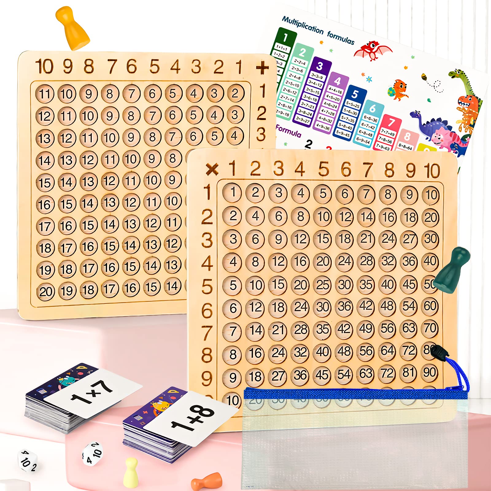 OneNine Jeu de Bord Montessori en Bois Multiplication & Addition 2 en 1, Jeu de Mathématiques 1x1, Apprendre à Calculer, Tableau de Multiplication, Outil d'enseignement de Multiplication par