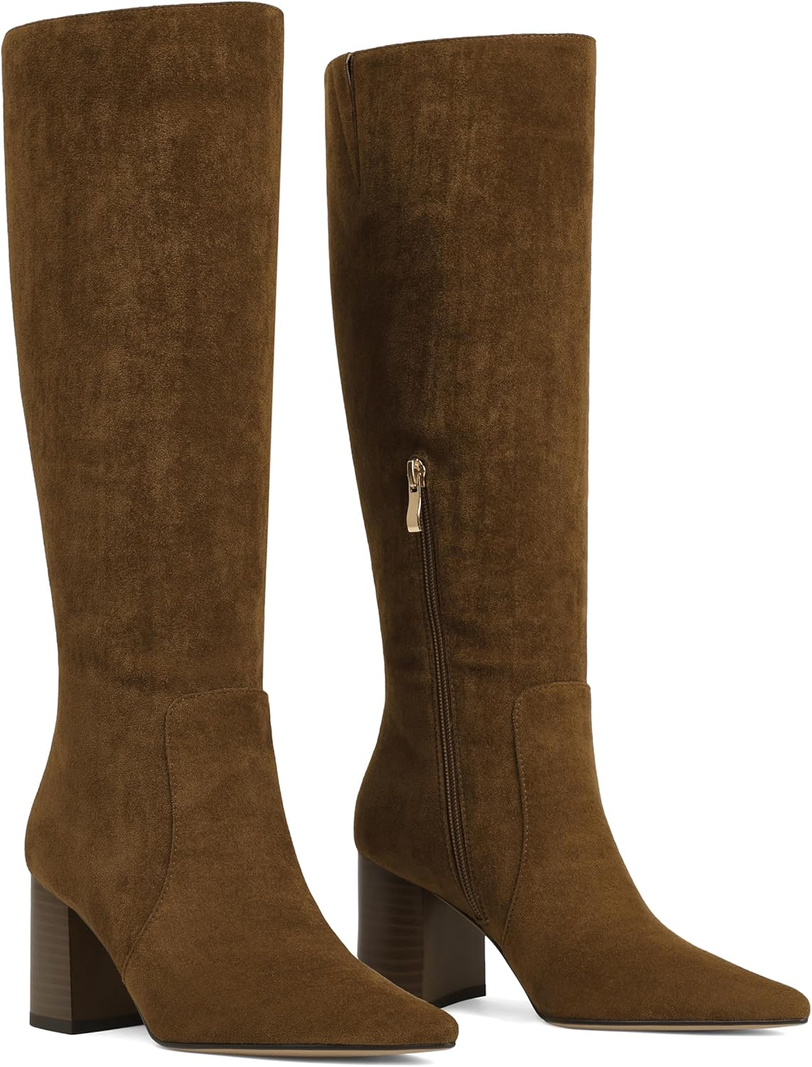 CELNEPHO Knee High Boots Women Chunky Block High Heel Tall Boots Pointed Toe Side Zipper Leather Fall Boots