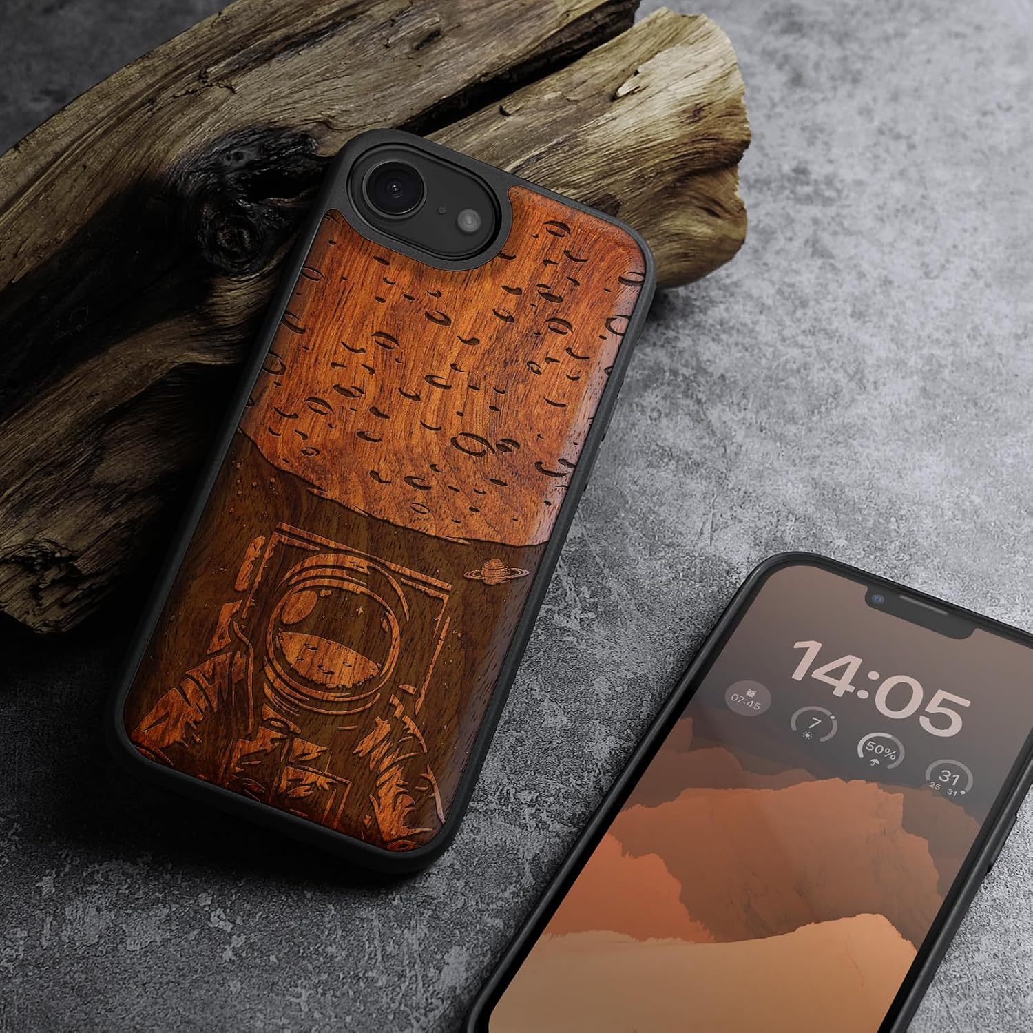 Carveit Magnetic Wooden Case for iPhone 16e / 17e, Solid Wood & Black TPU, Artisan Engraved Design, Shockproof Cover, Compatible with MagSafe Wireless Chargers, Lunar Journey - Rosy