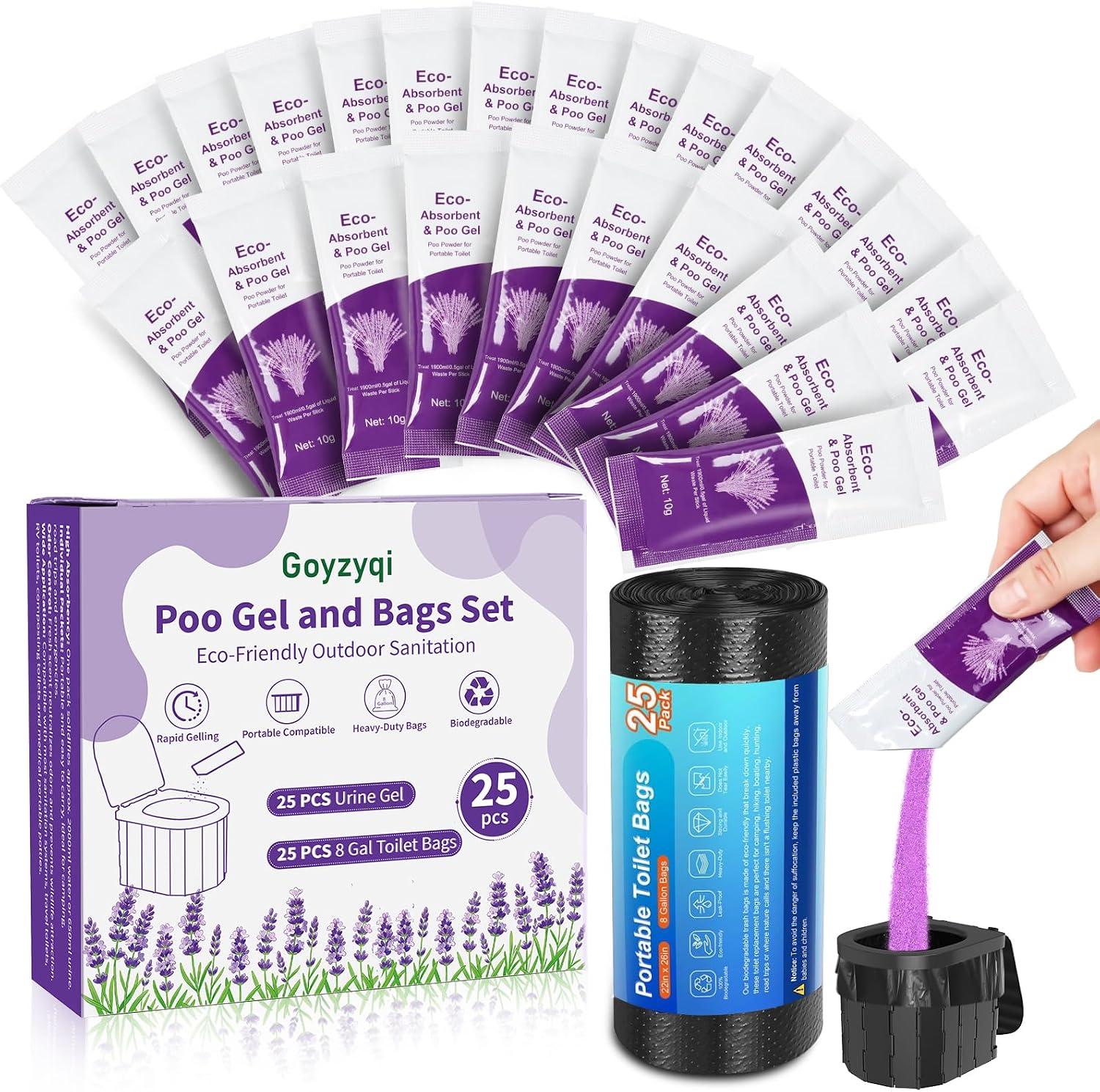 25 Poo Gel and 25 Portable Toilet Bags Set, 8 Gal Biodegradable Waste Bags