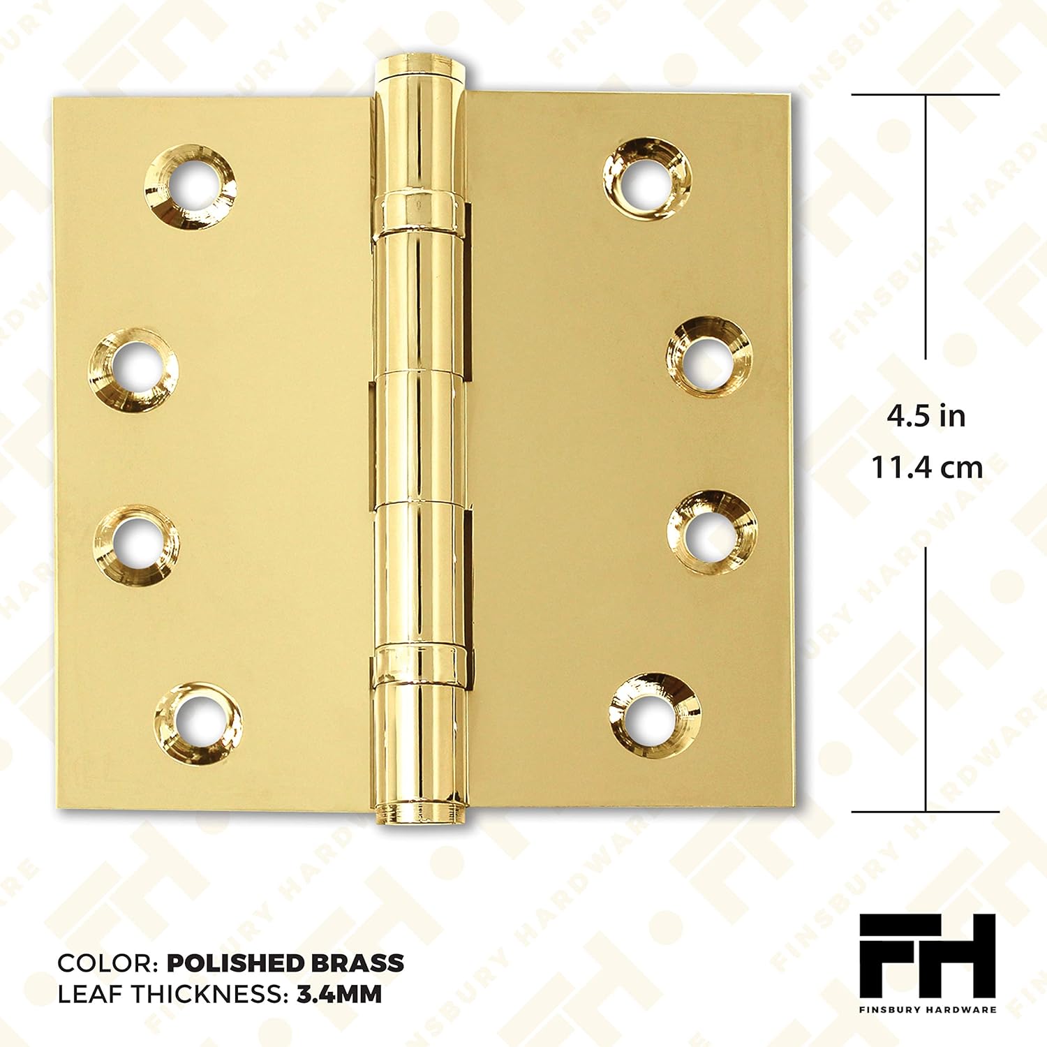 Solid Brass Door Hinge Heavy Duty Ball Bearing Polished Shiny Gold 4.5 x 4.5 Inch with Decorative Screw-on Tips Included - Set of 2 Hinges (Polished Brass)