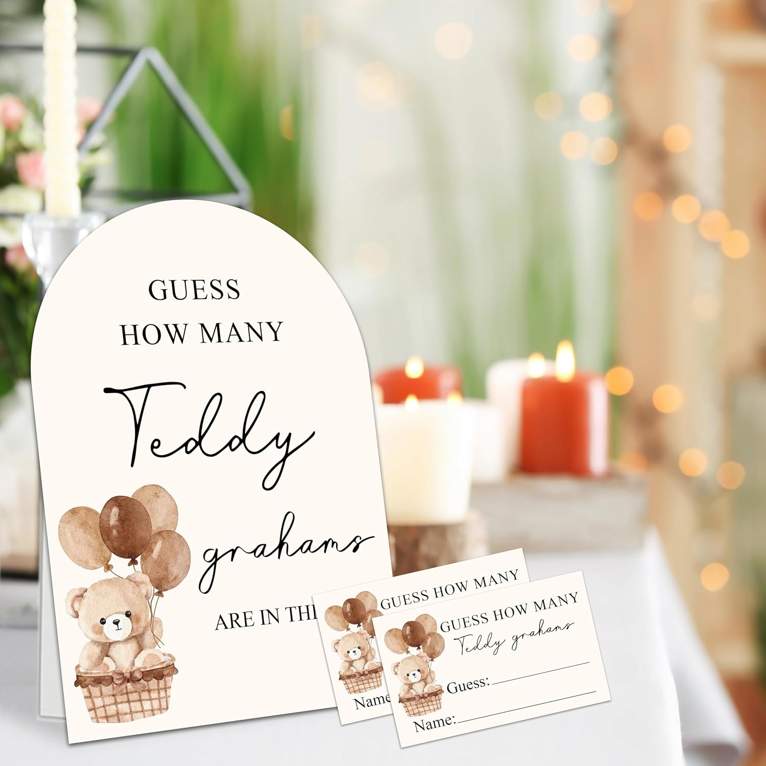 Guess How Many Teddy Grahams Are In The Jar Game Set, 50 Guess Cards With 1 Standing Sign, Teddy Bear Baby Shower Game Kit, Neutral Gender Reveal Party Decor & Activity Supplies - A06