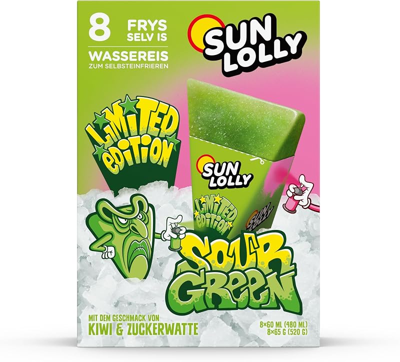 Sun Lolly Wassereis Sour Green Kiwi & Zuckerwatte 8 Stk | Limited Edition | Mit Fruchtsaft | Ohne künstliche Süßungsmittel | Glutenfrei