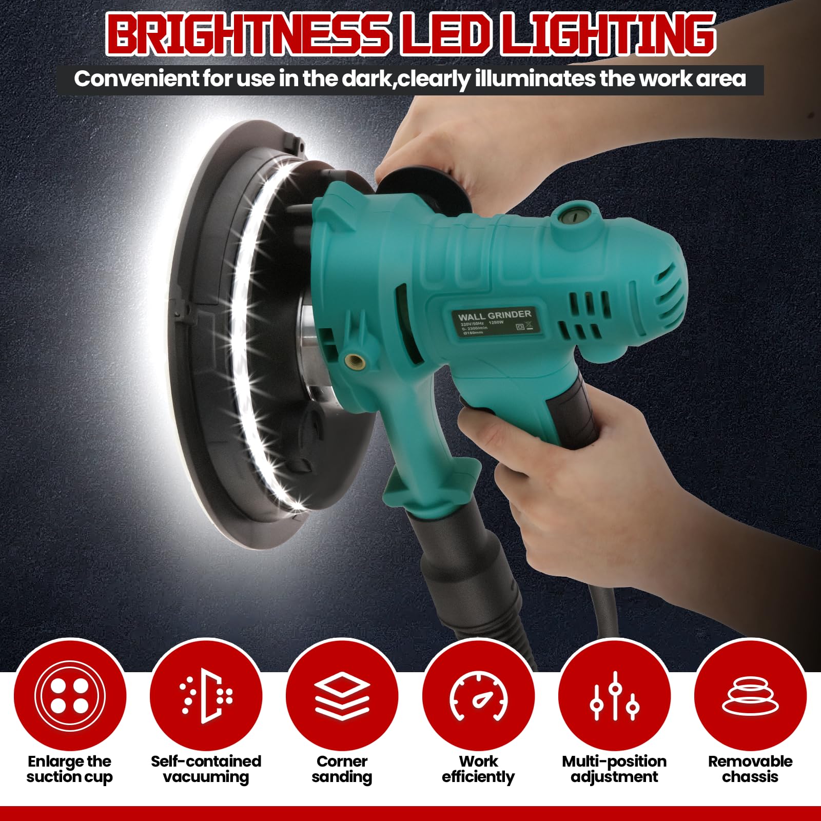 Levigatrice Per Muro 800 W,1200-2300r/min Levigatrice a Secco, conLuce LED, Aspirazione Polvere Automatica,Tubo Flessibile e 12 Dischi di Levigatura