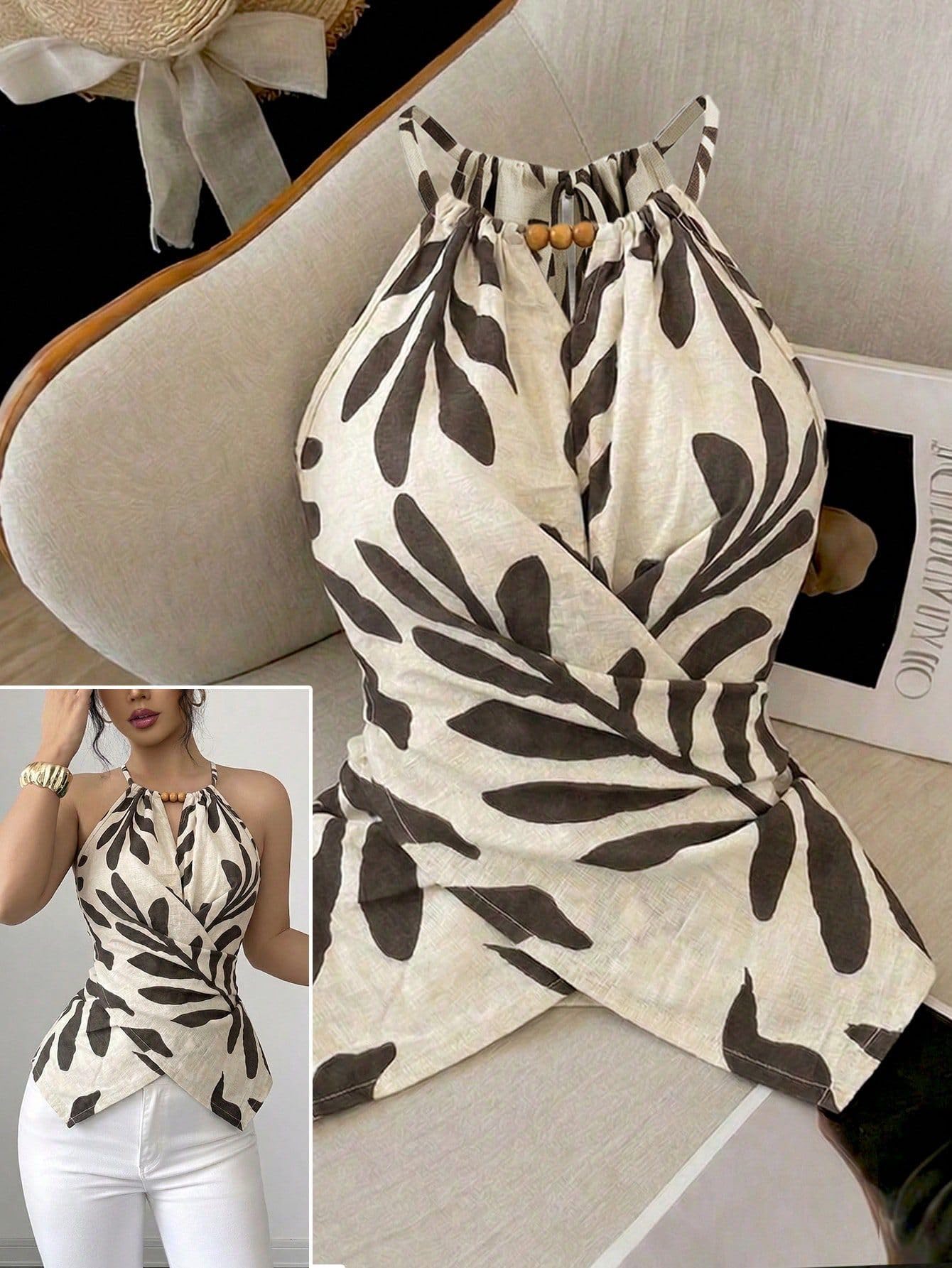 Ausgeh-Tops für Damen, Blattdruck, Bluse, Perlenausschnitt, Wickelvorn, unregelmäßiger Saum, schmale Passform, Neckholder-Tops für Damen